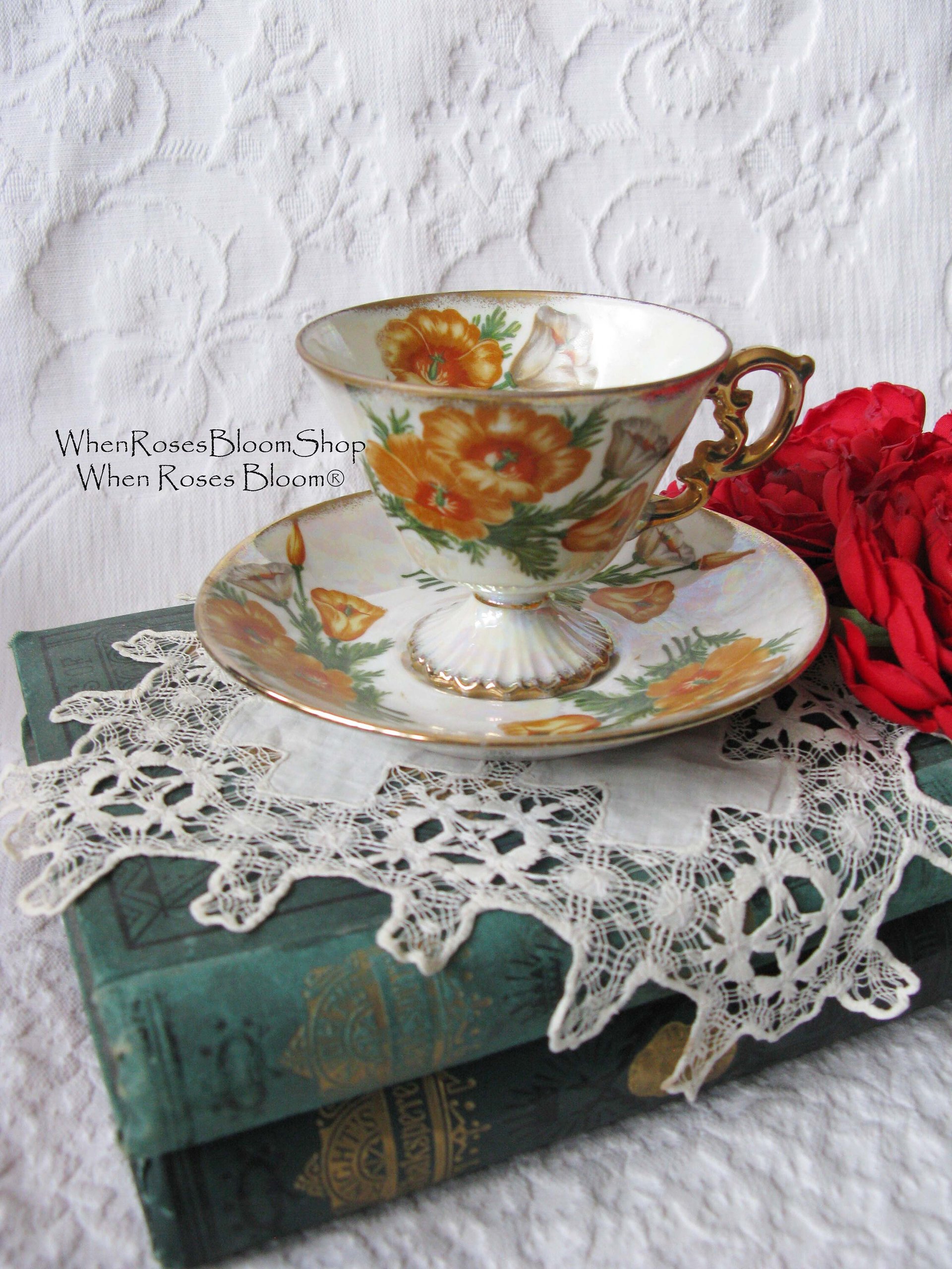 August Birthday Tea Gift Vintage Tea Cup Footed Japan  Yellow Poppy Ucago Mid Century Tea Downton Abbey Cottage Shabby Chic WhenRosesBloom