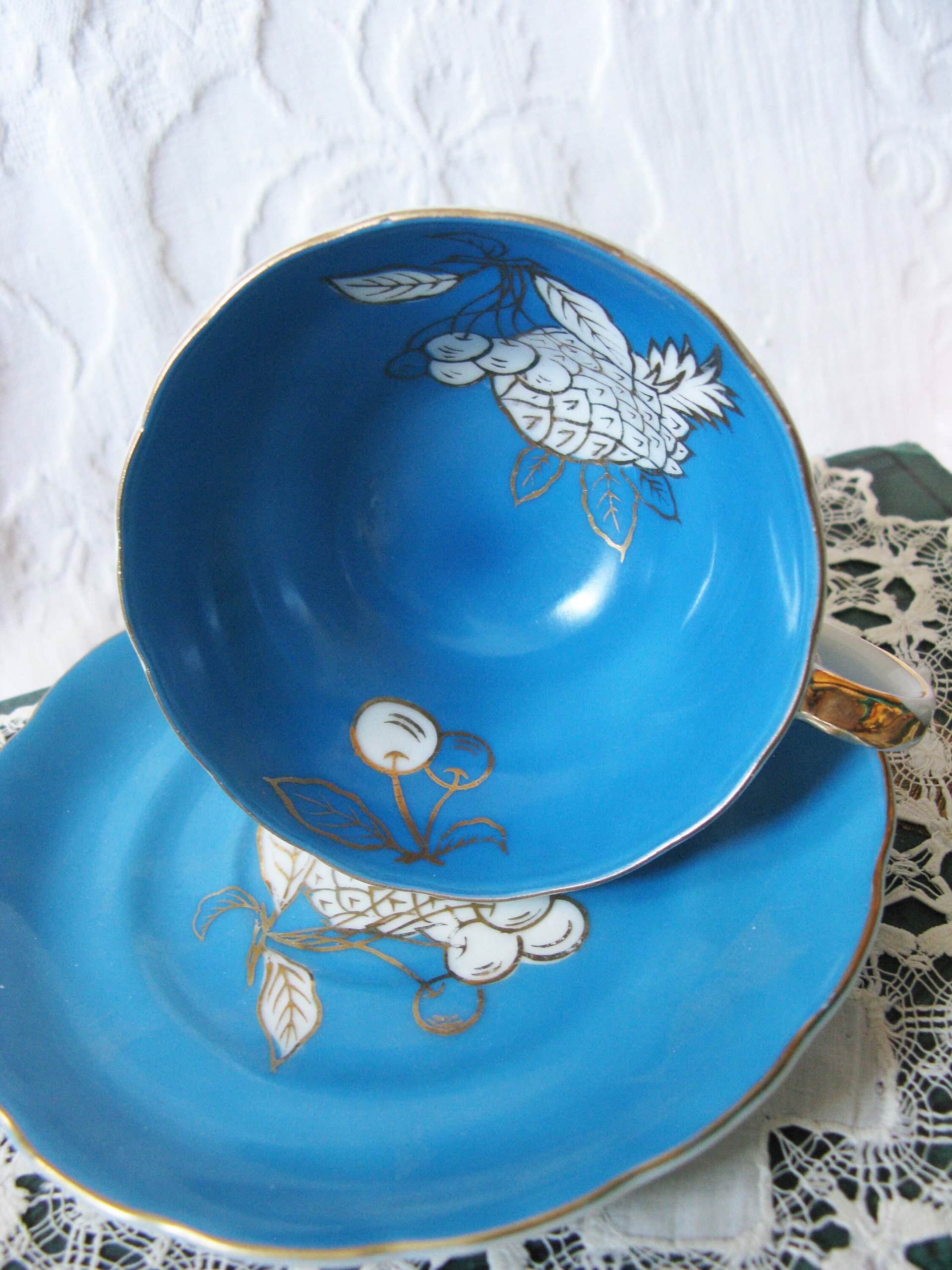 Tea Cup Footed Turquoise Blue w/ Gold Fruit Decoration Japan Retro Vintage TeaTime Gift Mid Romantic Shabby Chic Cottage Tea WhenRosesBloom