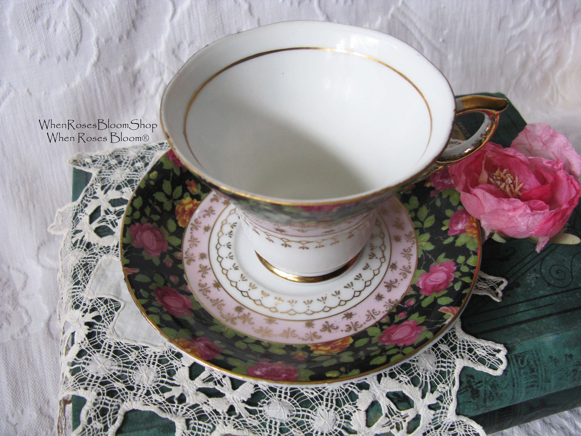 Tea Cup Pink Black Chintz Floral Roses Japan Mid Century  Vintage Retro Tea Time Gfit Shabby Chic Afternoon Tea Party WhenRosesBloom