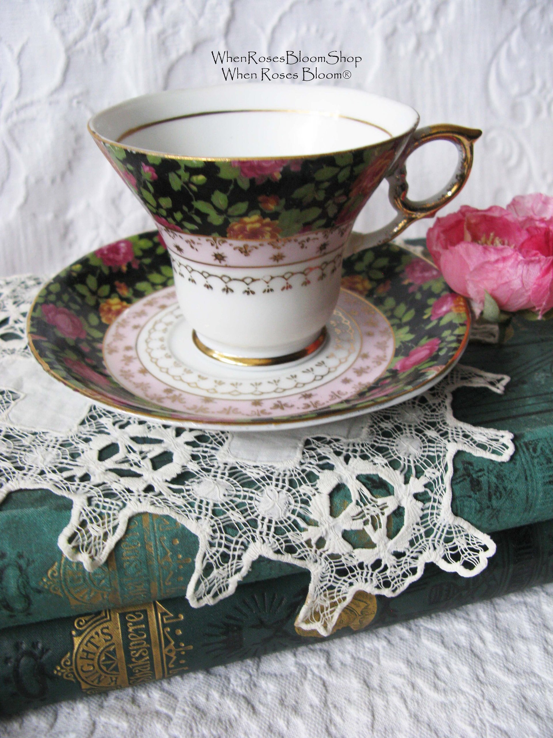 Tea Cup Pink Black Chintz Floral Roses Japan Mid Century  Vintage Retro Tea Time Gfit Shabby Chic Afternoon Tea Party WhenRosesBloom