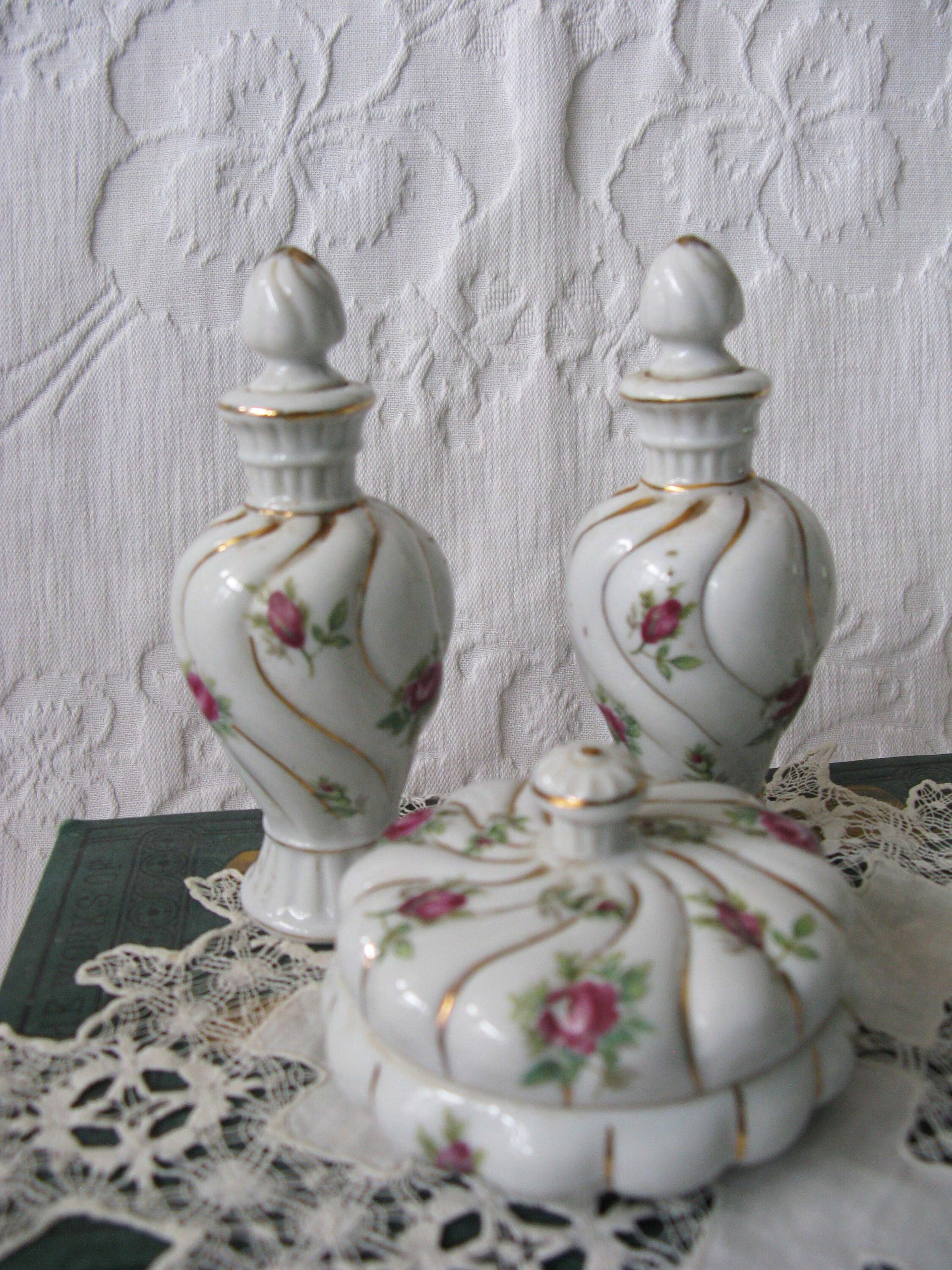 Vintage Perfume Dresser Vanity Set China Roses Thames Japan  Shabby Chic Cottage Farmhouse Romantic Retro Mid Century Urban WhenRosesBloom