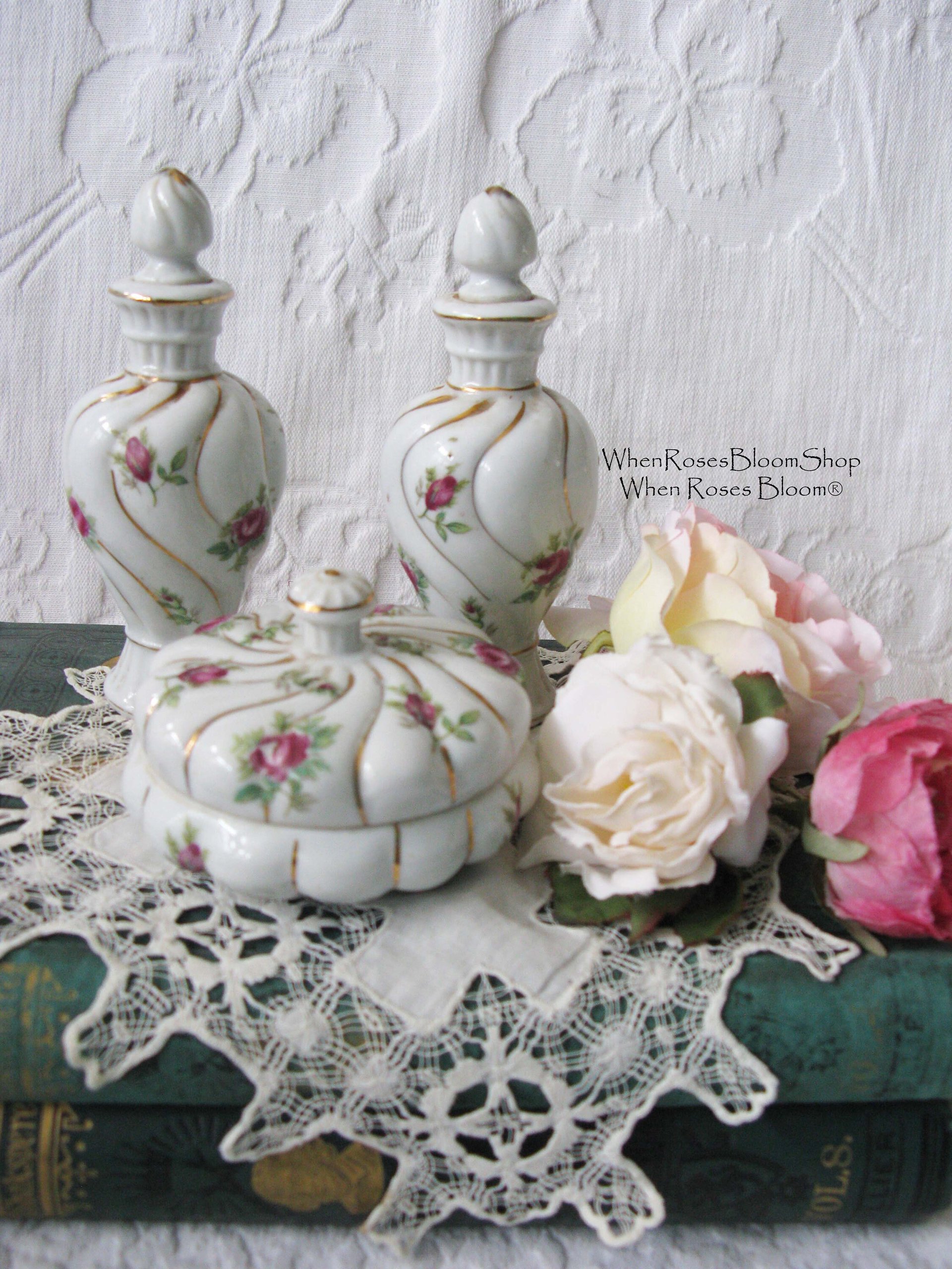 Vintage Perfume Dresser Vanity Set China Roses Thames Japan  Shabby Chic Cottage Farmhouse Romantic Retro Mid Century Urban WhenRosesBloom