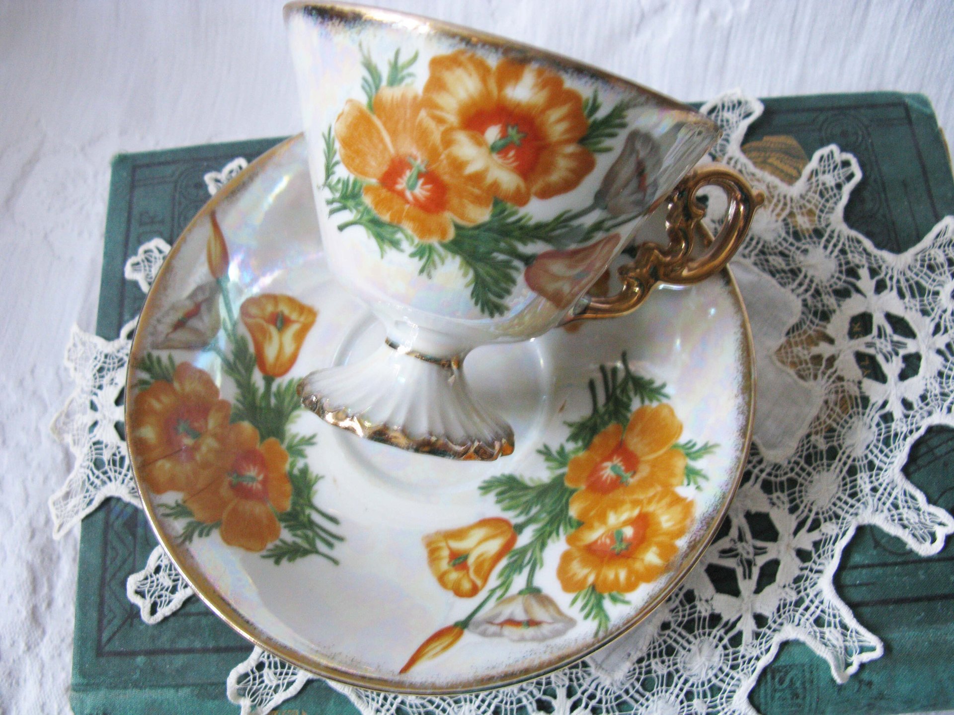 August Birthday Tea Gift Vintage Tea Cup Footed Japan  Yellow Poppy Ucago Mid Century Tea Downton Abbey Cottage Shabby Chic WhenRosesBloom