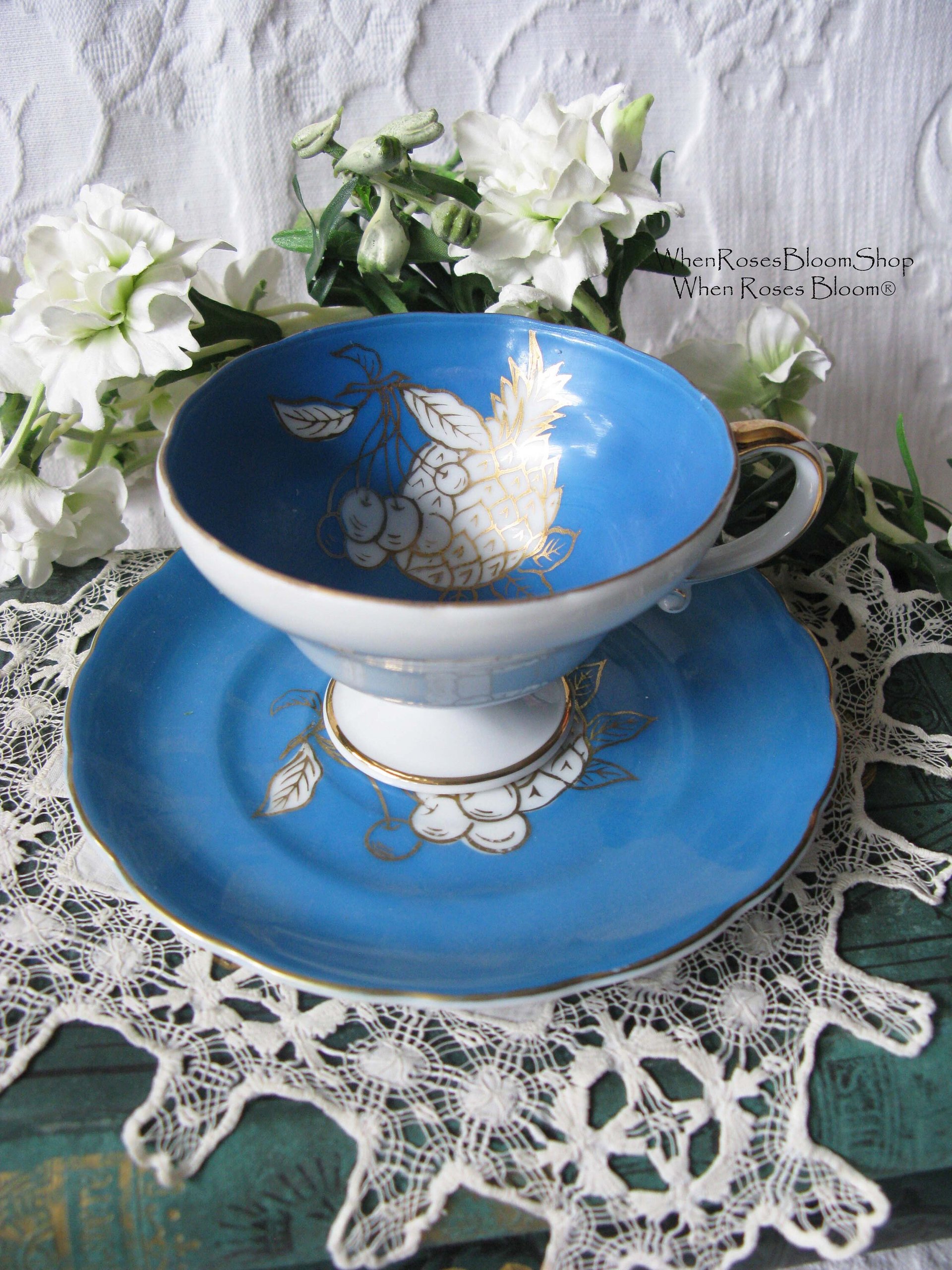 Tea Cup Footed Turquoise Blue w/ Gold Fruit Decoration Japan Retro Vintage TeaTime Gift Mid Romantic Shabby Chic Cottage Tea WhenRosesBloom