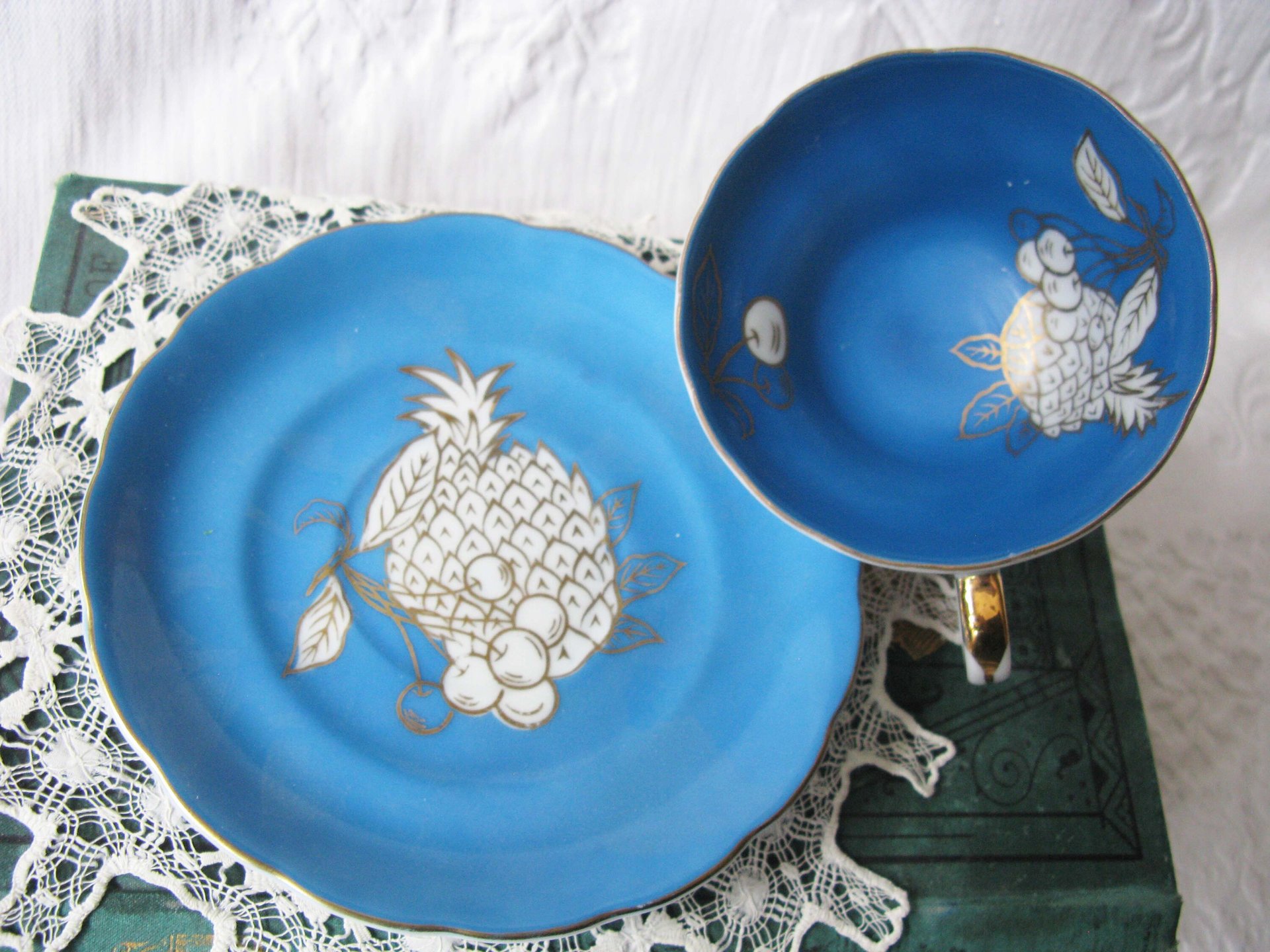 Tea Cup Footed Turquoise Blue w/ Gold Fruit Decoration Japan Retro Vintage TeaTime Gift Mid Romantic Shabby Chic Cottage Tea WhenRosesBloom