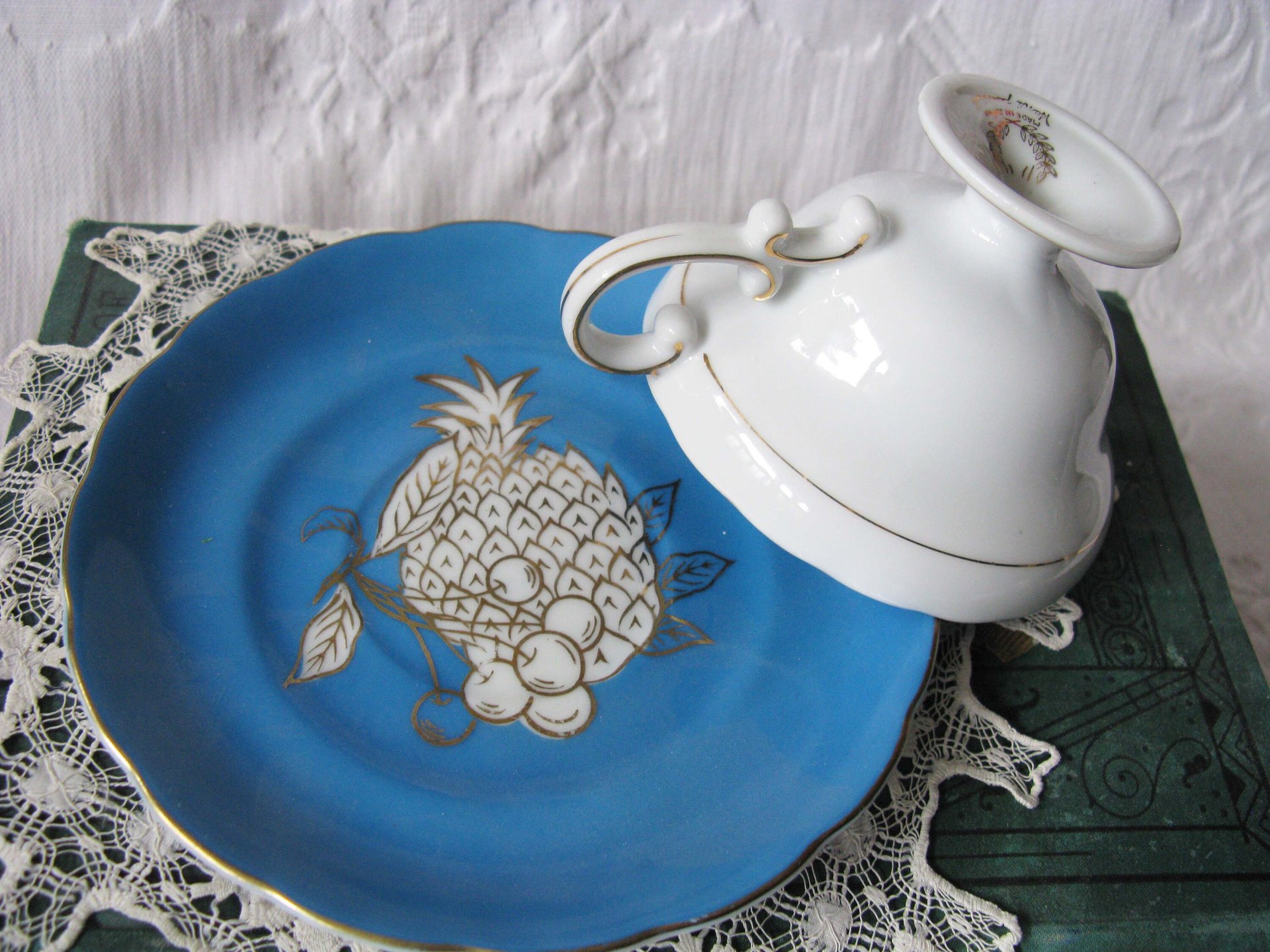 Tea Cup Footed Turquoise Blue w/ Gold Fruit Decoration Japan Retro Vintage TeaTime Gift Mid Romantic Shabby Chic Cottage Tea WhenRosesBloom