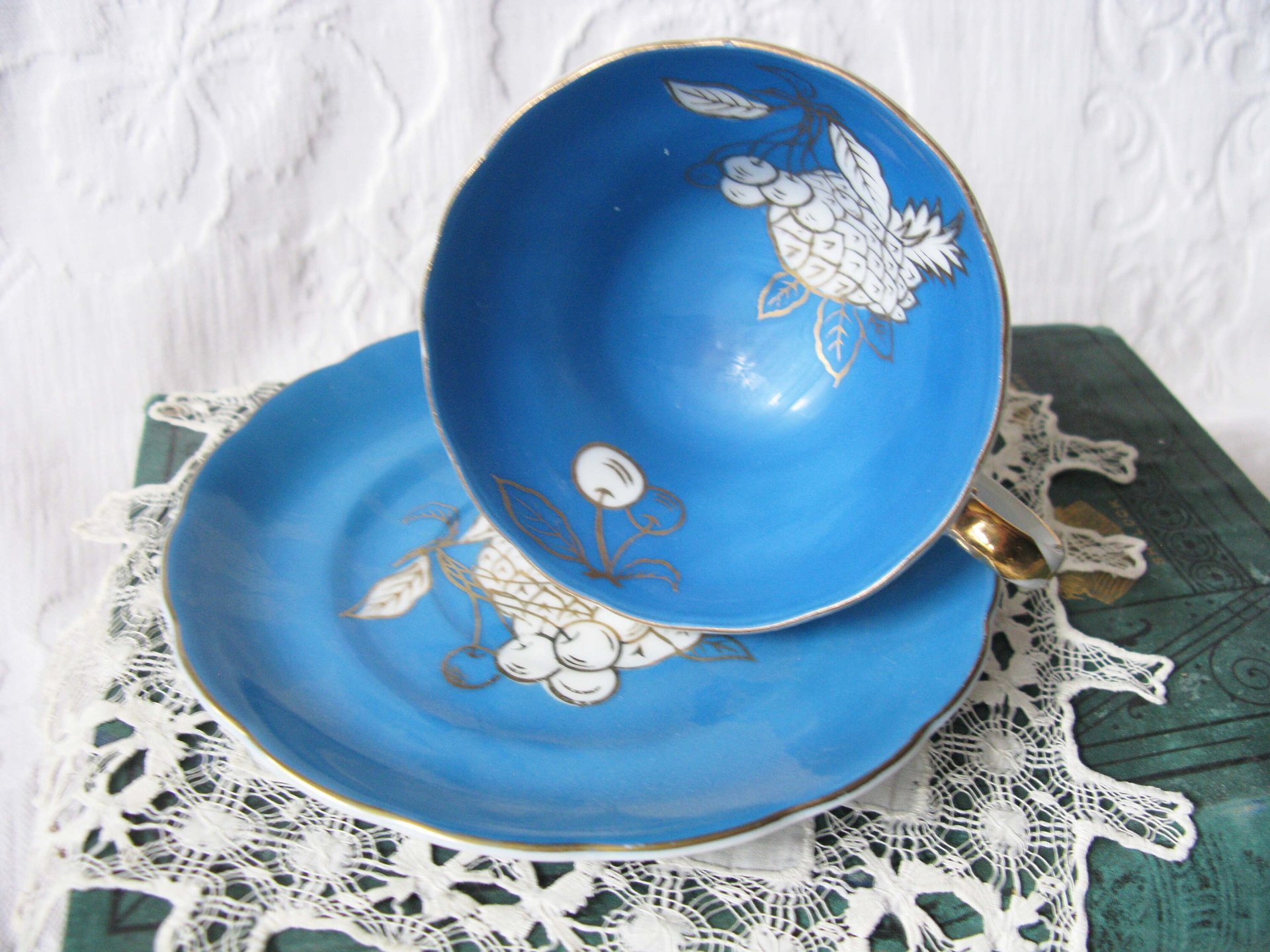 Tea Cup Footed Turquoise Blue w/ Gold Fruit Decoration Japan Retro Vintage TeaTime Gift Mid Romantic Shabby Chic Cottage Tea WhenRosesBloom
