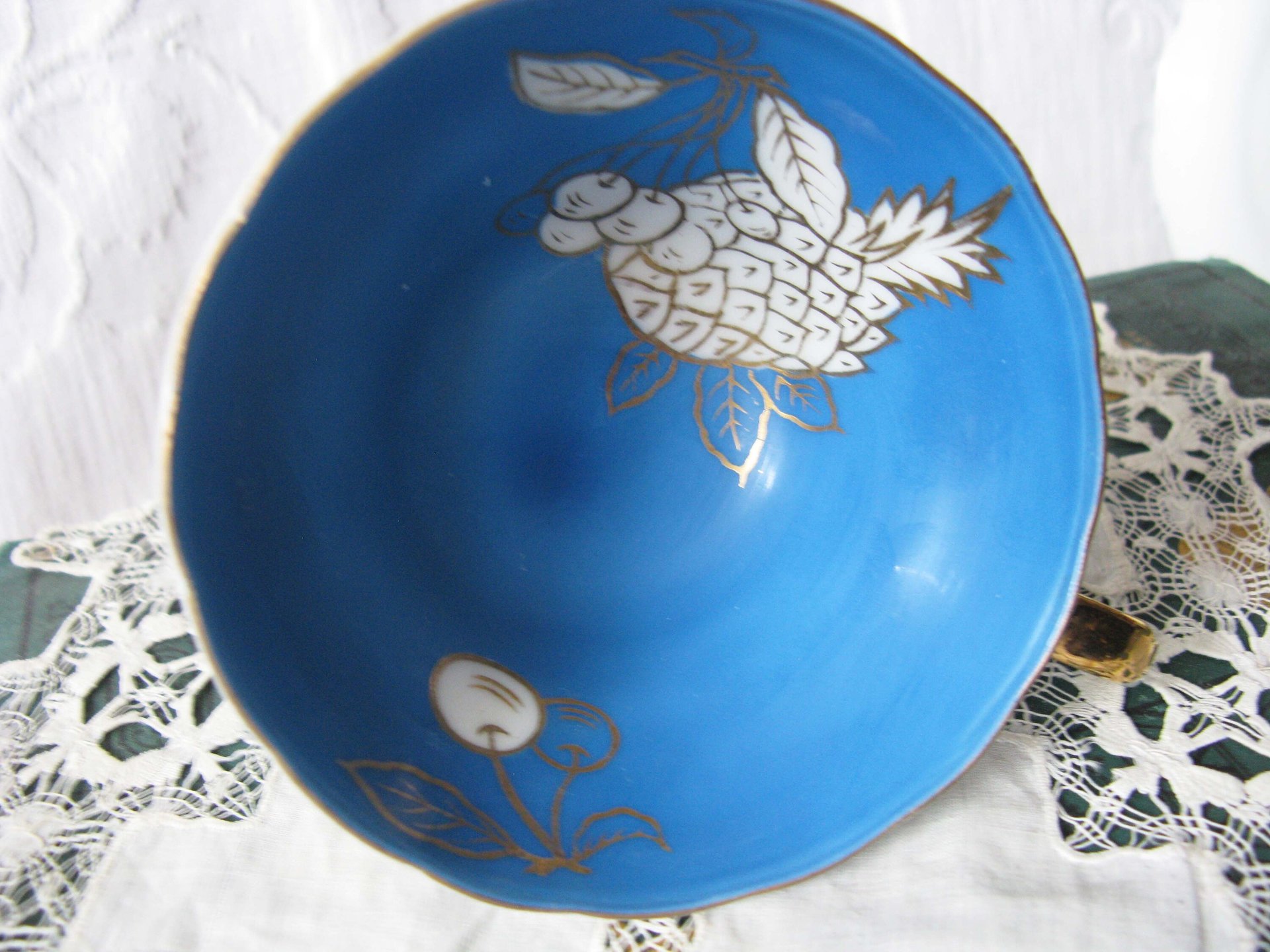 Tea Cup Footed Turquoise Blue w/ Gold Fruit Decoration Japan Retro Vintage TeaTime Gift Mid Romantic Shabby Chic Cottage Tea WhenRosesBloom
