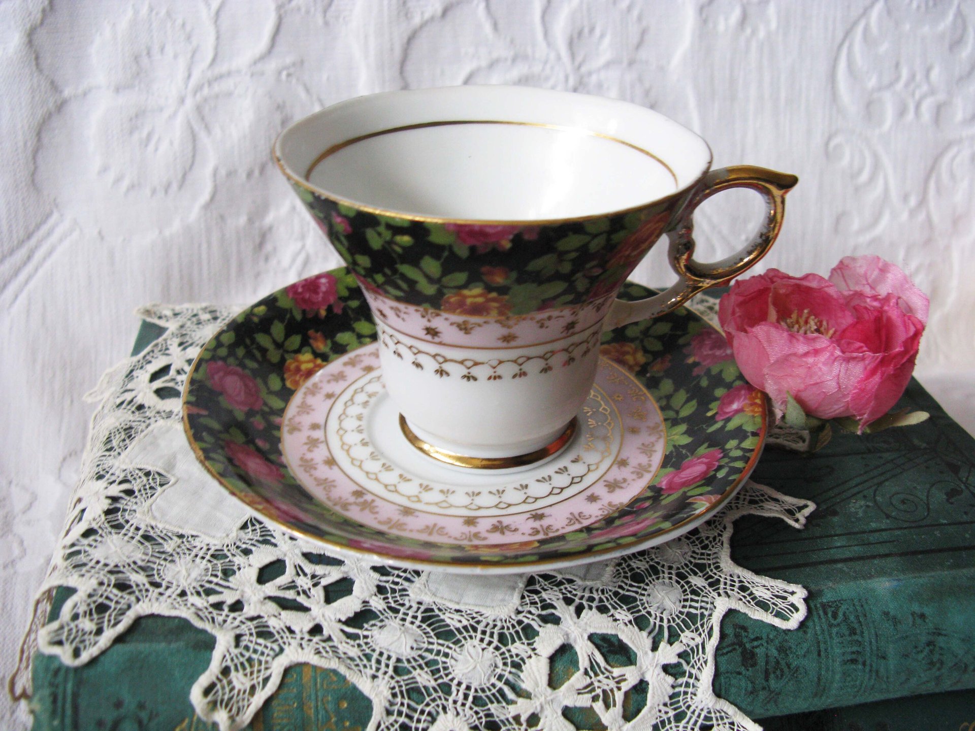 Tea Cup Pink Black Chintz Floral Roses Japan Mid Century  Vintage Retro Tea Time Gfit Shabby Chic Afternoon Tea Party WhenRosesBloom