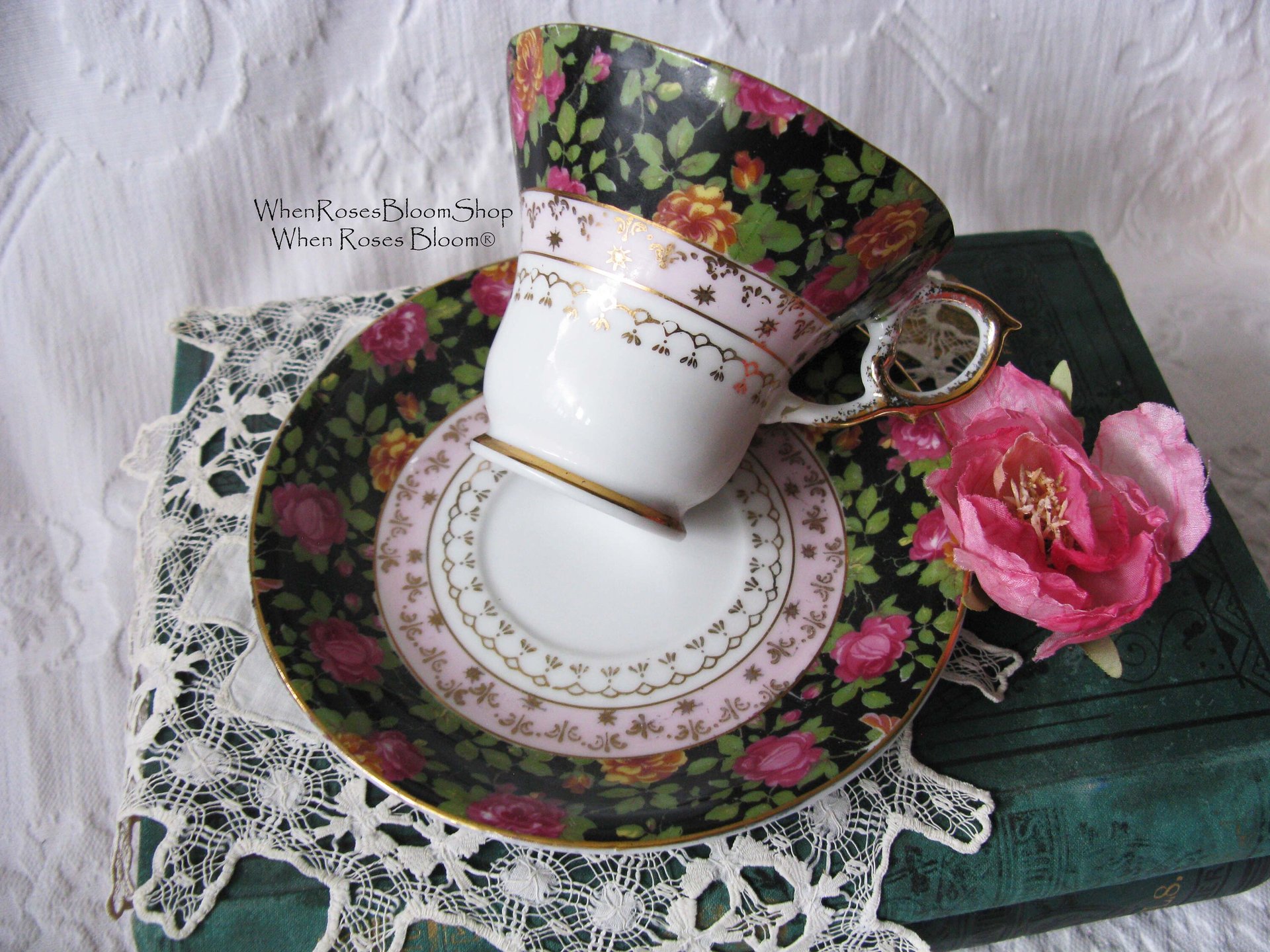 Tea Cup Pink Black Chintz Floral Roses Japan Mid Century  Vintage Retro Tea Time Gfit Shabby Chic Afternoon Tea Party WhenRosesBloom