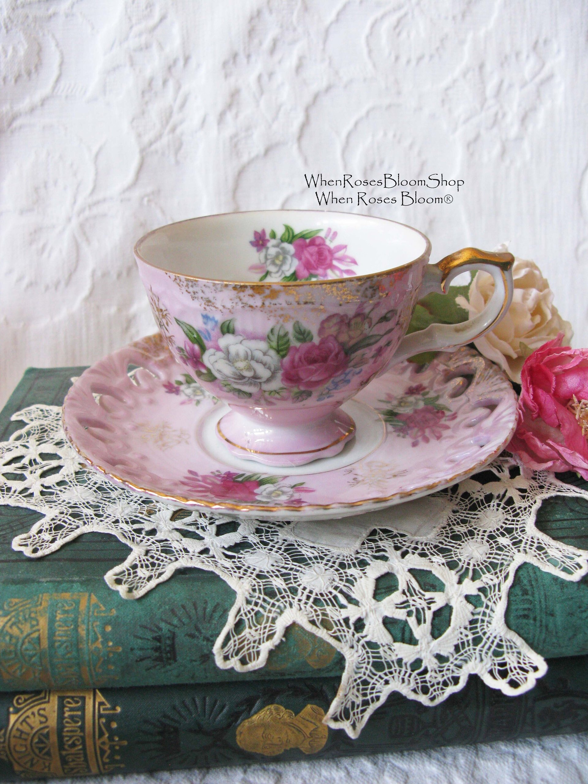 Tea Cup Pink Roses Footed Japan Vintage Downton Tea Time Gift Cottage Shabby Chic Mid Century Tea Style  WhenRosesBloom