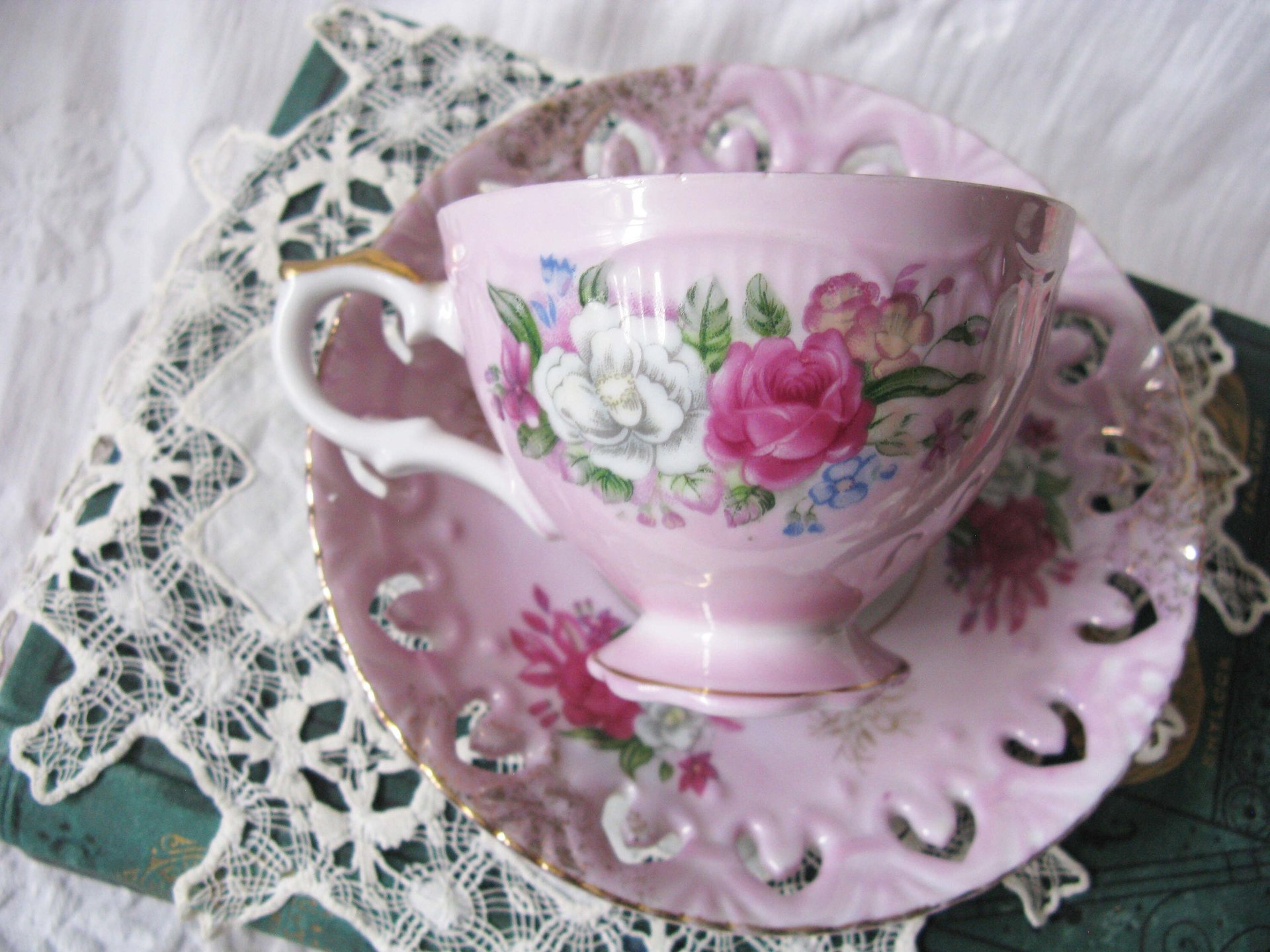 Tea Cup Pink Roses Footed Japan Vintage Downton Tea Time Gift Cottage Shabby Chic Mid Century Tea Style  WhenRosesBloom