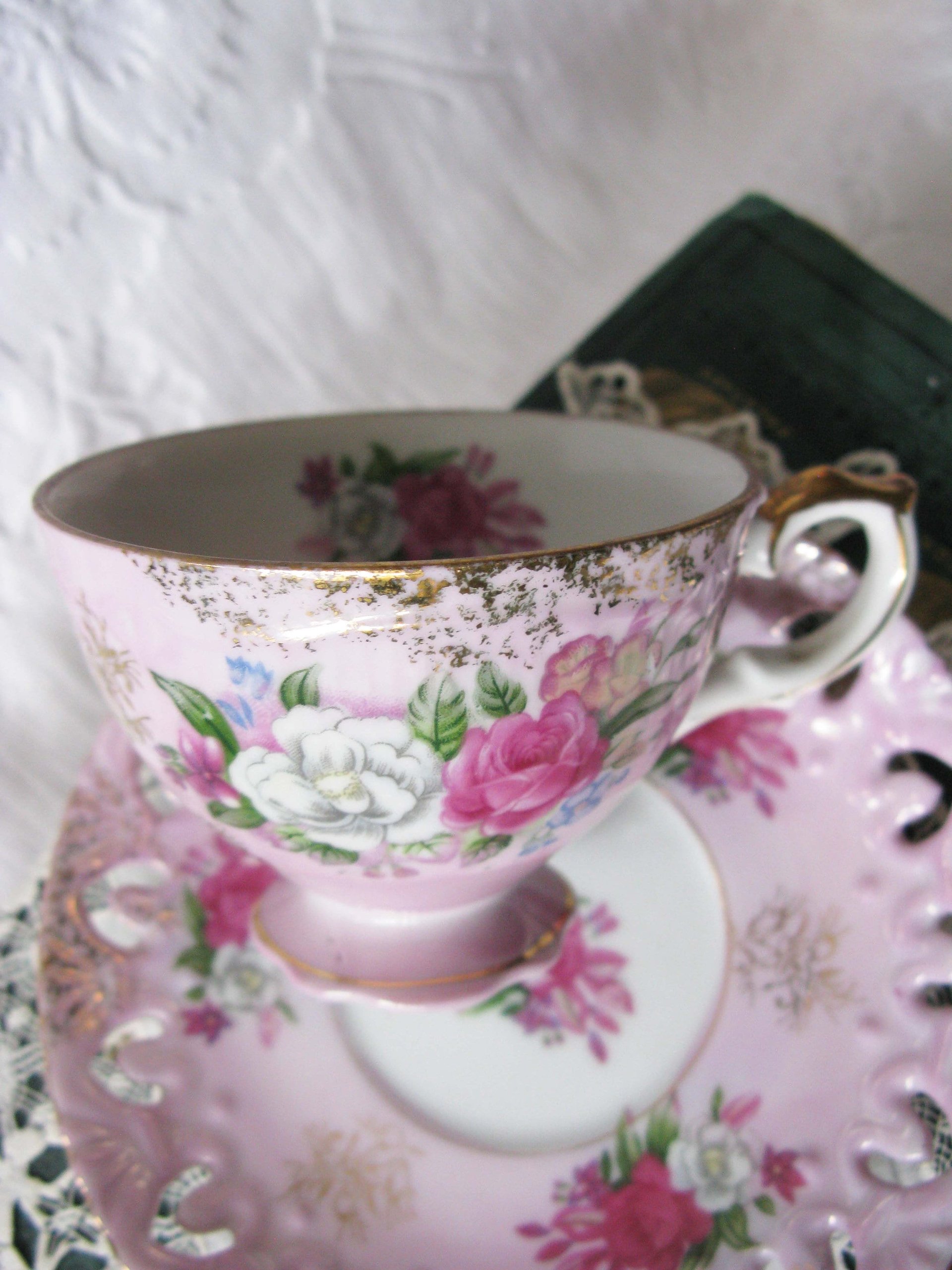Tea Cup Pink Roses Footed Japan Vintage Downton Tea Time Gift Cottage Shabby Chic Mid Century Tea Style  WhenRosesBloom