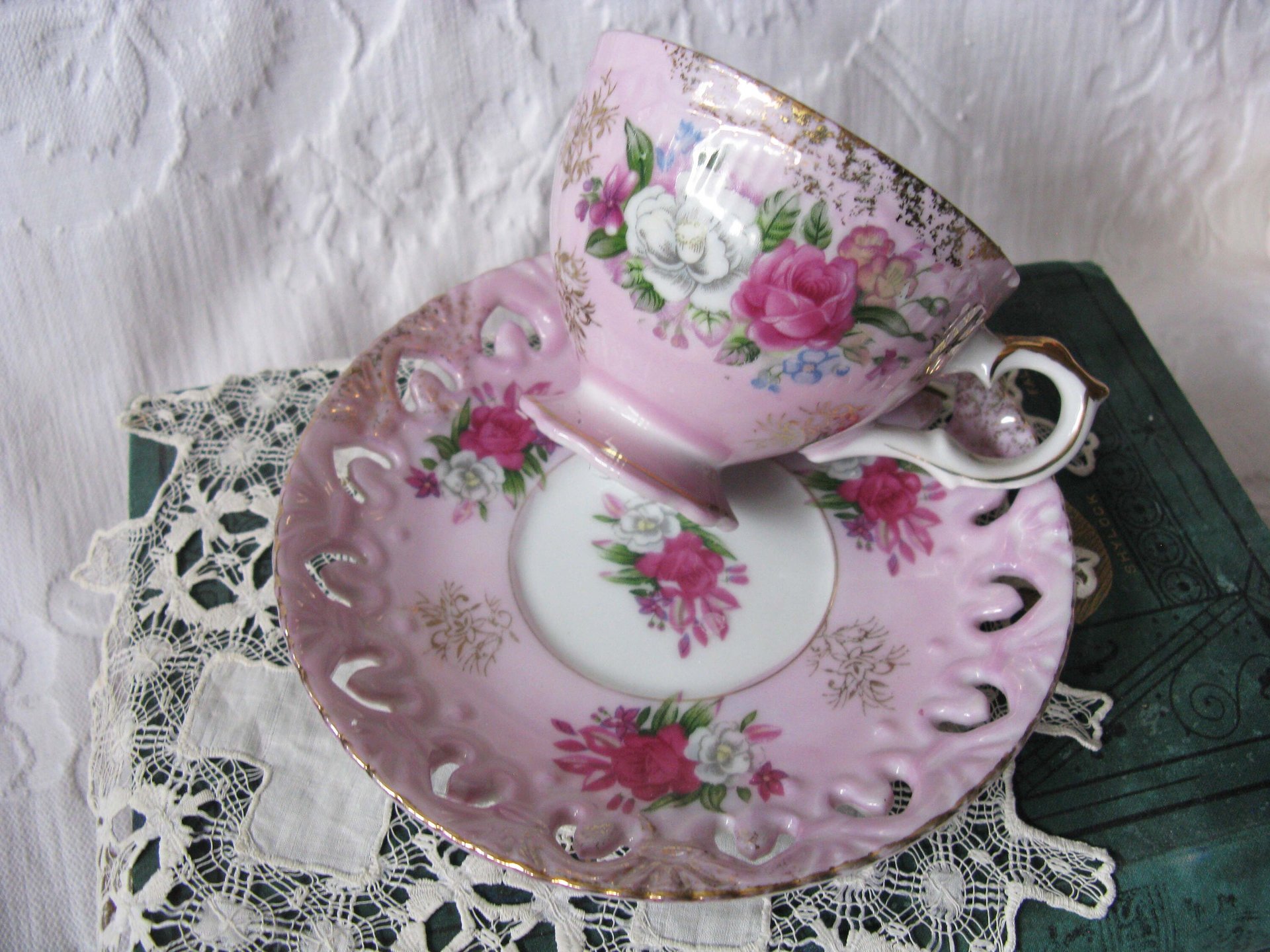 Tea Cup Pink Roses Footed Japan Vintage Downton Tea Time Gift Cottage Shabby Chic Mid Century Tea Style  WhenRosesBloom