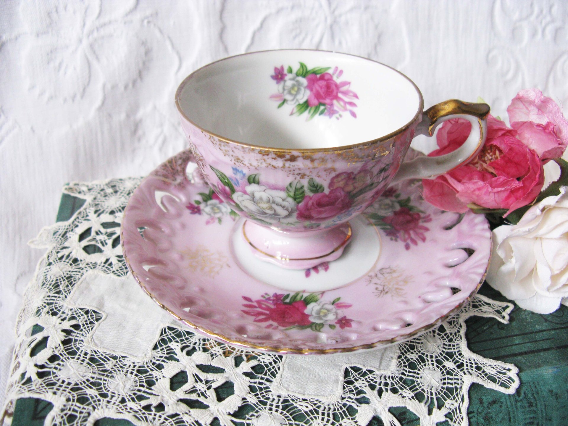 Tea Cup Pink Roses Footed Japan Vintage Downton Tea Time Gift Cottage Shabby Chic Mid Century Tea Style  WhenRosesBloom