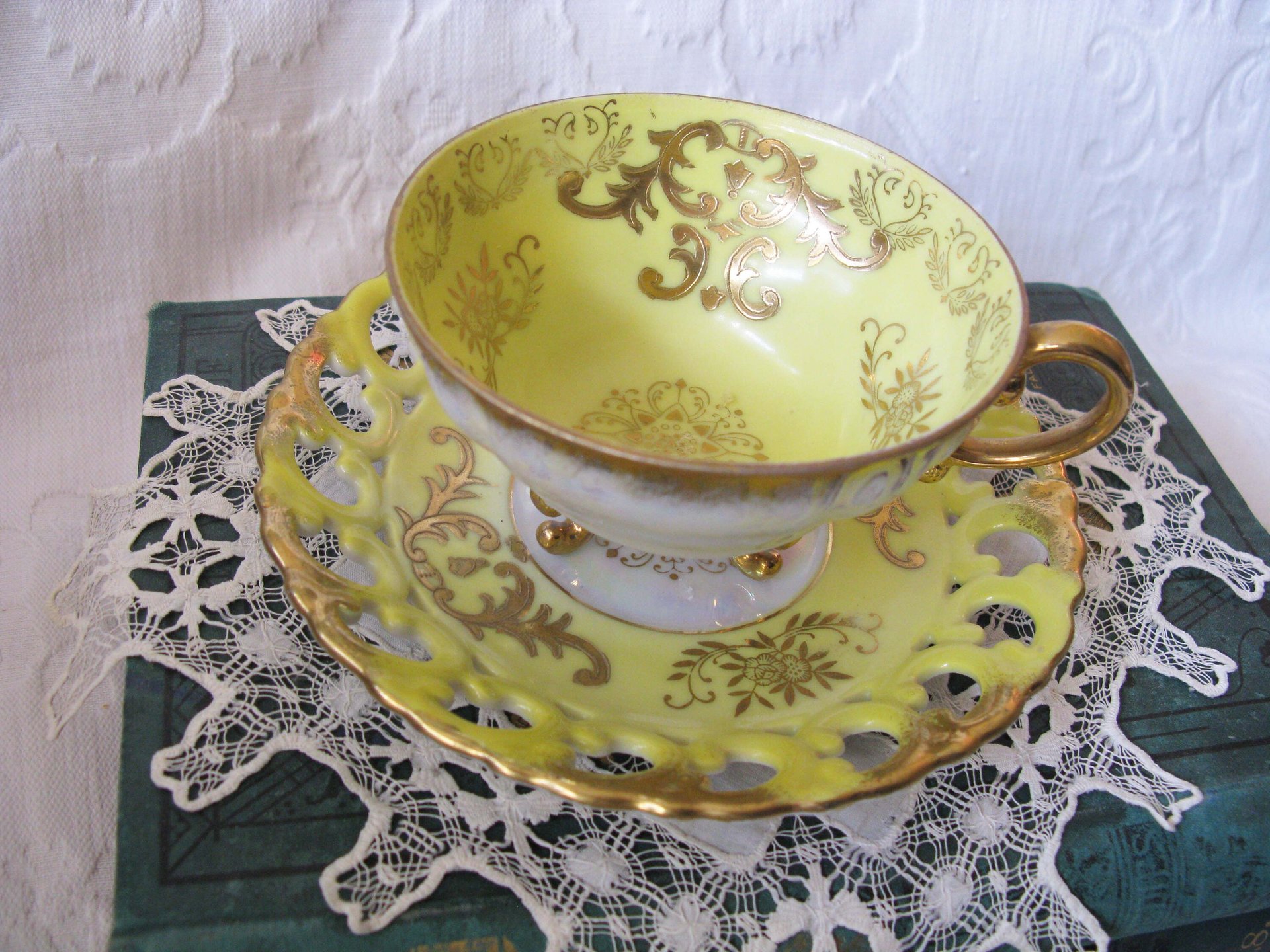 Vintage Tea Cup Royal Sealy Yellow Footed Gold Raised Paste decoration Tea Party Cottage Shabby Chic Downton Edwardian Tea  WhenRosesBloom