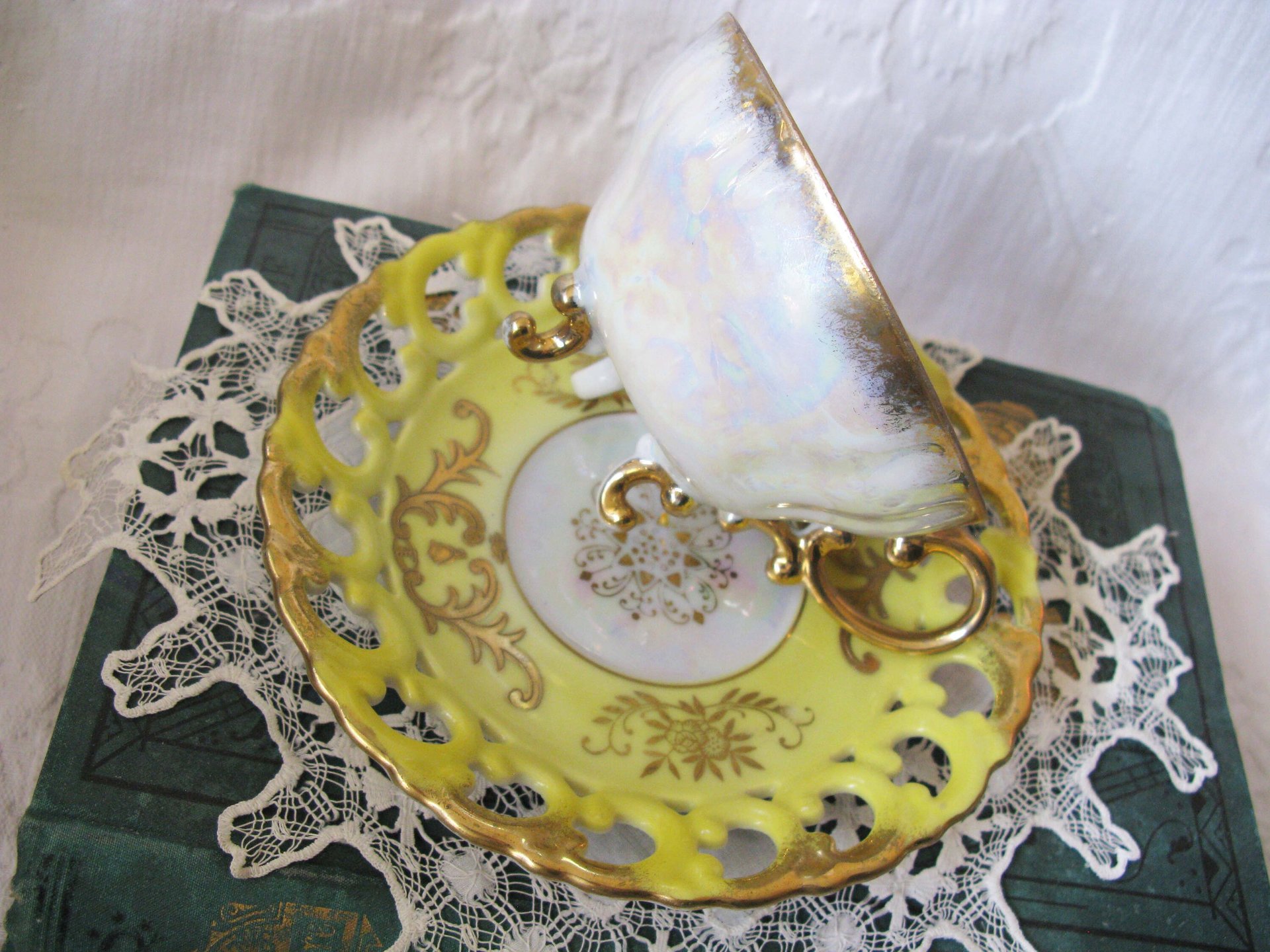 Vintage Tea Cup Royal Sealy Yellow Footed Gold Raised Paste decoration Tea Party Cottage Shabby Chic Downton Edwardian Tea  WhenRosesBloom