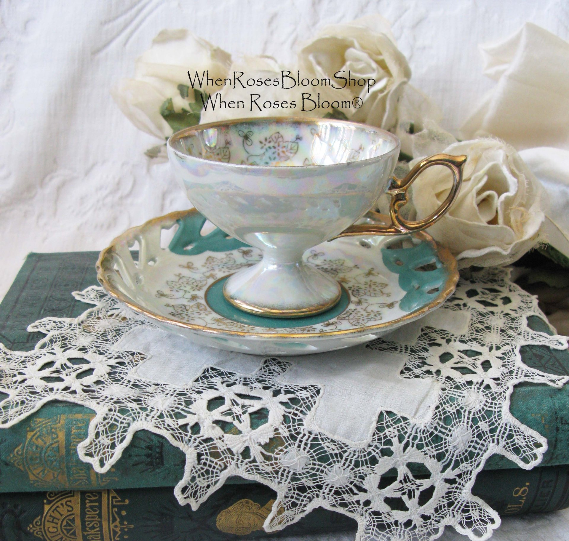 Vintage Lefton Teacup Turquoise Blue Footed Mid Century Retro Tea Gift Downton Abbey Shabby Chic Classic Tea WhenRosesBloom