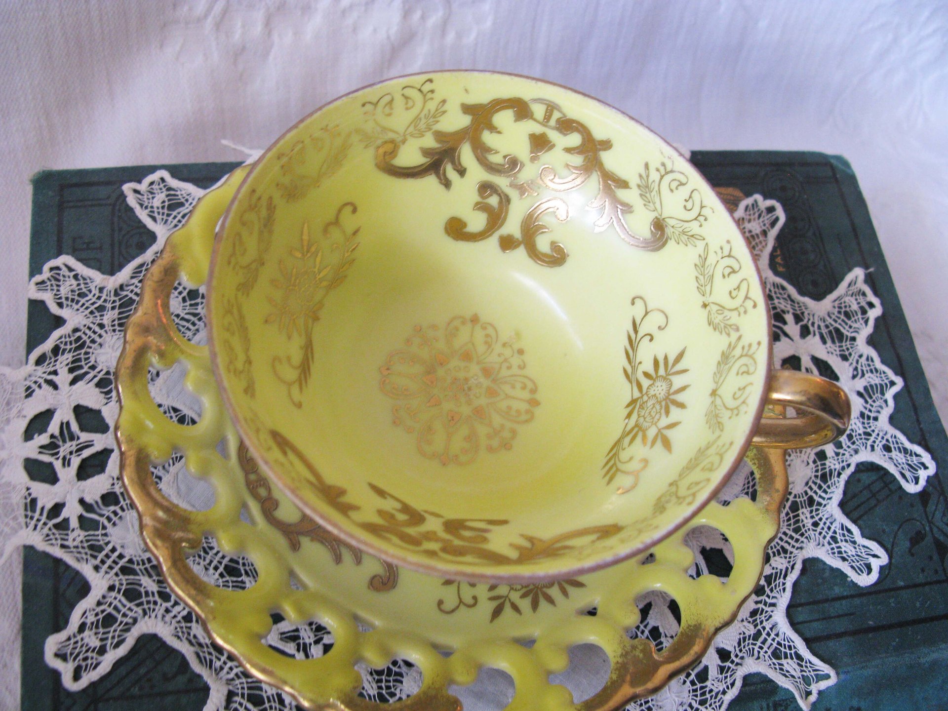 Vintage Tea Cup Royal Sealy Yellow Footed Gold Raised Paste decoration Tea Party Cottage Shabby Chic Downton Edwardian Tea  WhenRosesBloom