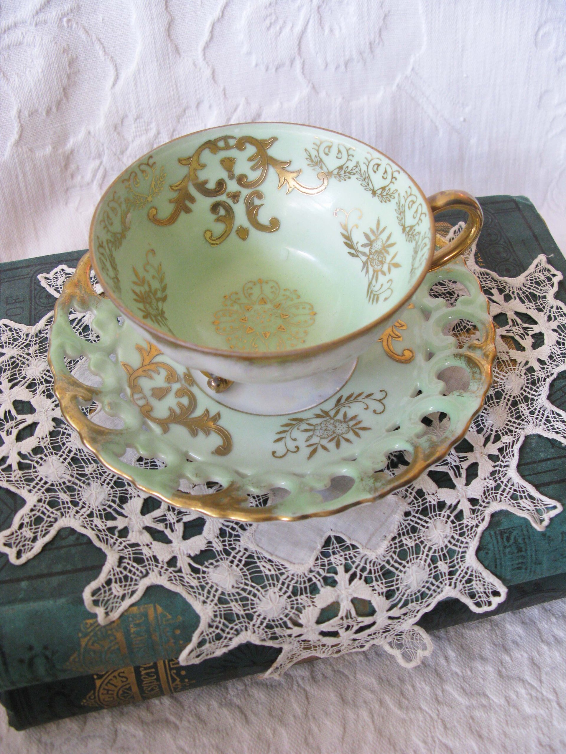 Vintage Green Tea Cup Royal Sealy Mid Century Style Elegant Tea Party Cottage Shabby Chic  Downton Abbey Edwardian Tea WhenRosesBloom
