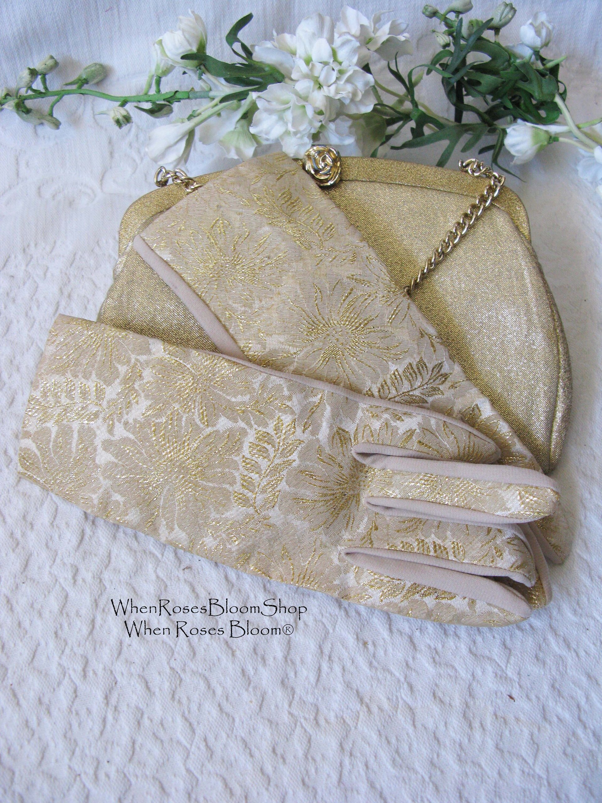 Gold Purse and Gloves Sz 7 to 8 Vintage Retro Mid Century Dance Tea Party Audrey Hepburn Atomic 60s 70s Cosply When Roses Bloom