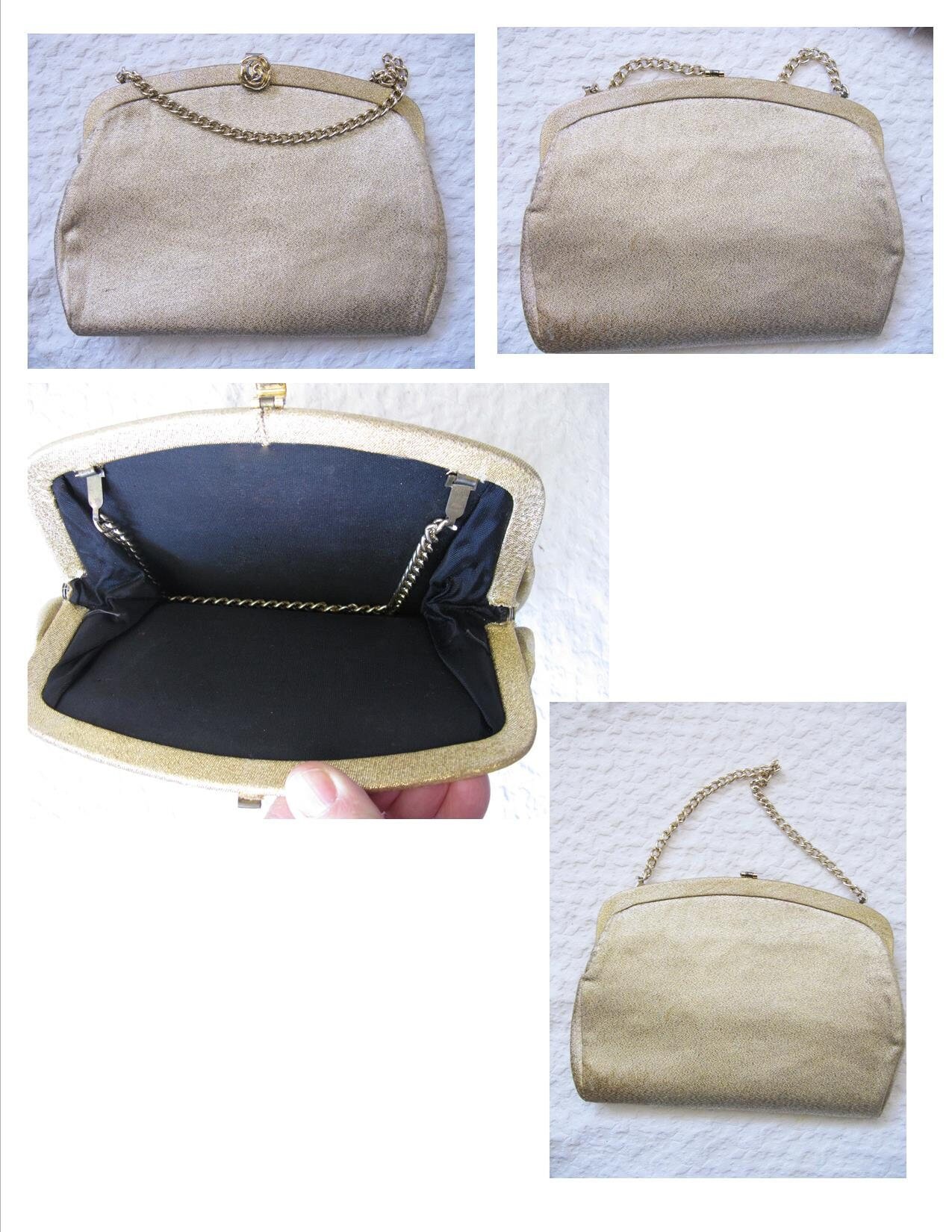 Gold Purse and Gloves Sz 7 to 8 Vintage Retro Mid Century Dance Tea Party Audrey Hepburn Atomic 60s 70s Cosply When Roses Bloom