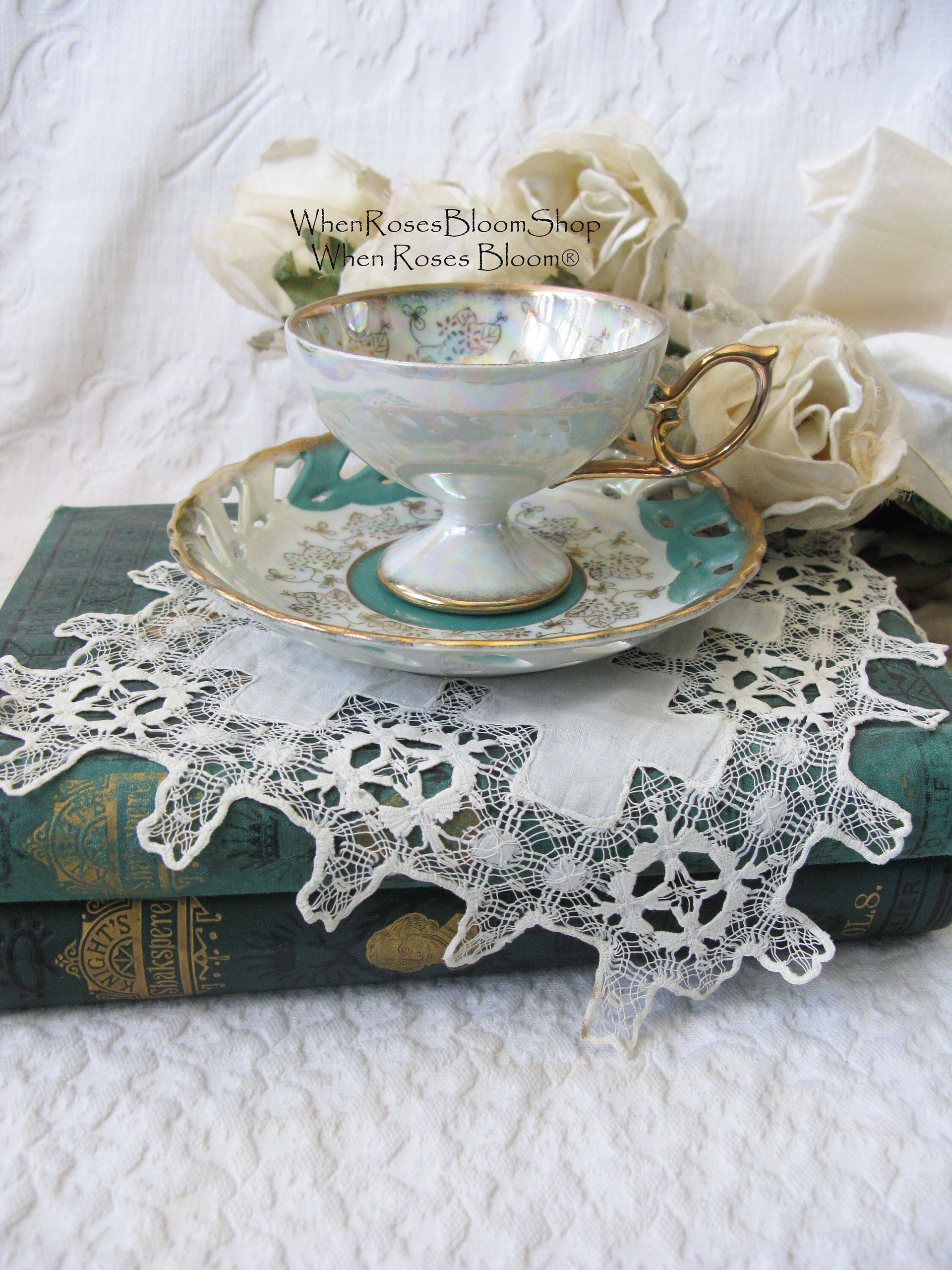 Vintage Lefton Teacup Turquoise Blue Footed Mid Century Retro Tea Gift Downton Abbey Shabby Chic Classic Tea WhenRosesBloom