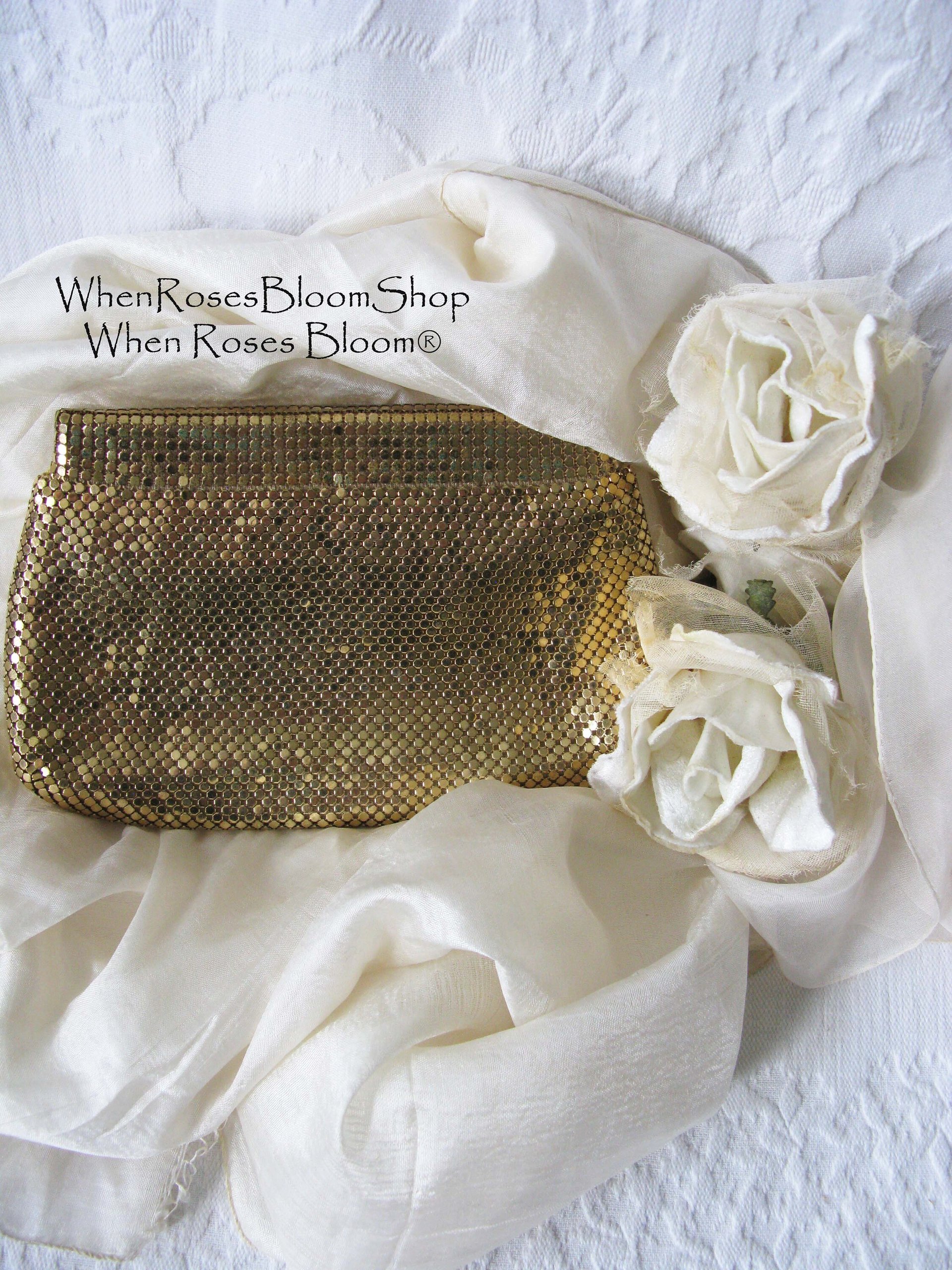 Vintage Whiting Davis Clutch Bag Purse 1940s-1960s Retro Wedding Evening Cocktail Party Purse Gold Mesh Bag WhenRosesBloom