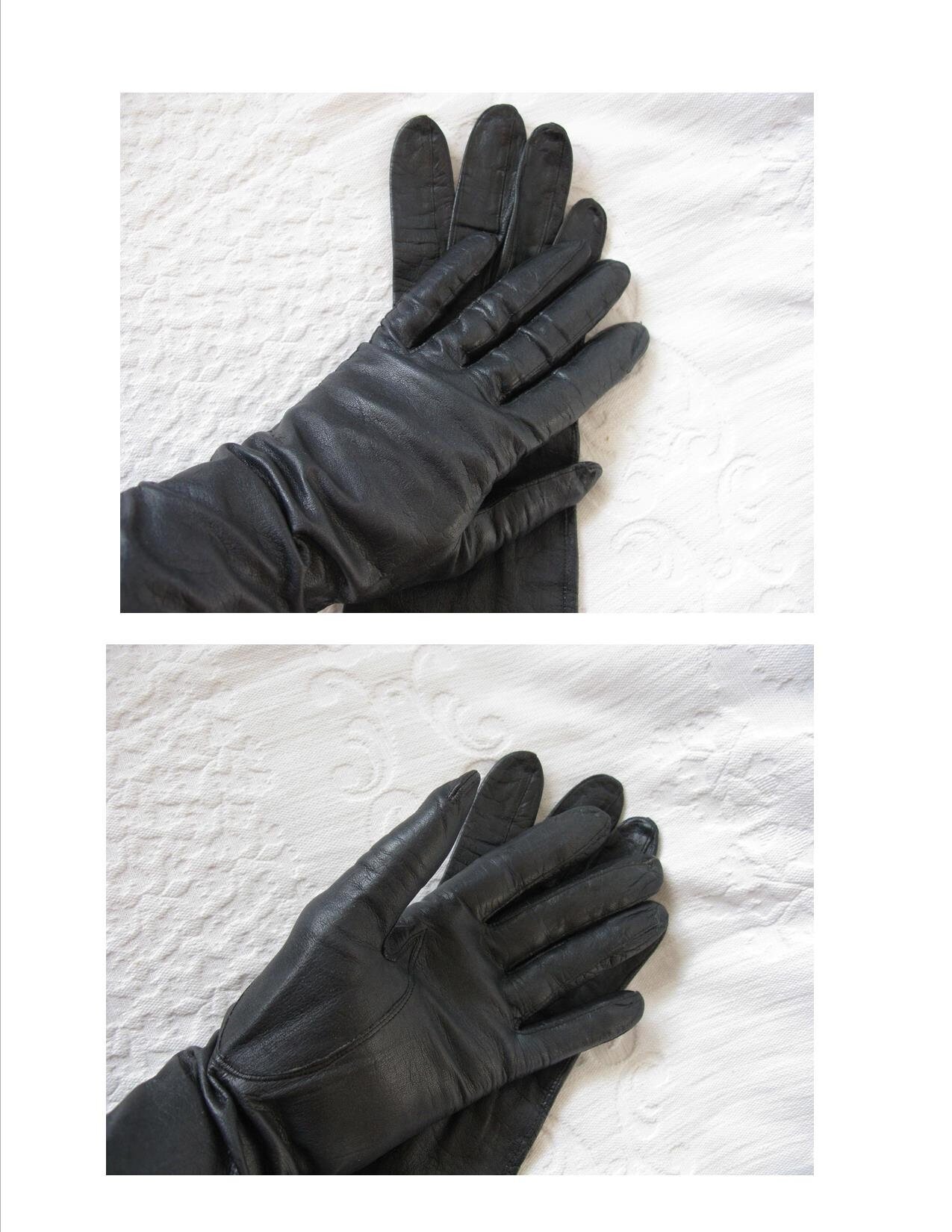 Black Leather Gloves Sz 7.5 Vintage Van Raalte Downton Steampunk Victorian Austen Miss Fisher Cosplay Style Free Ship in USA WhenRosesBloom