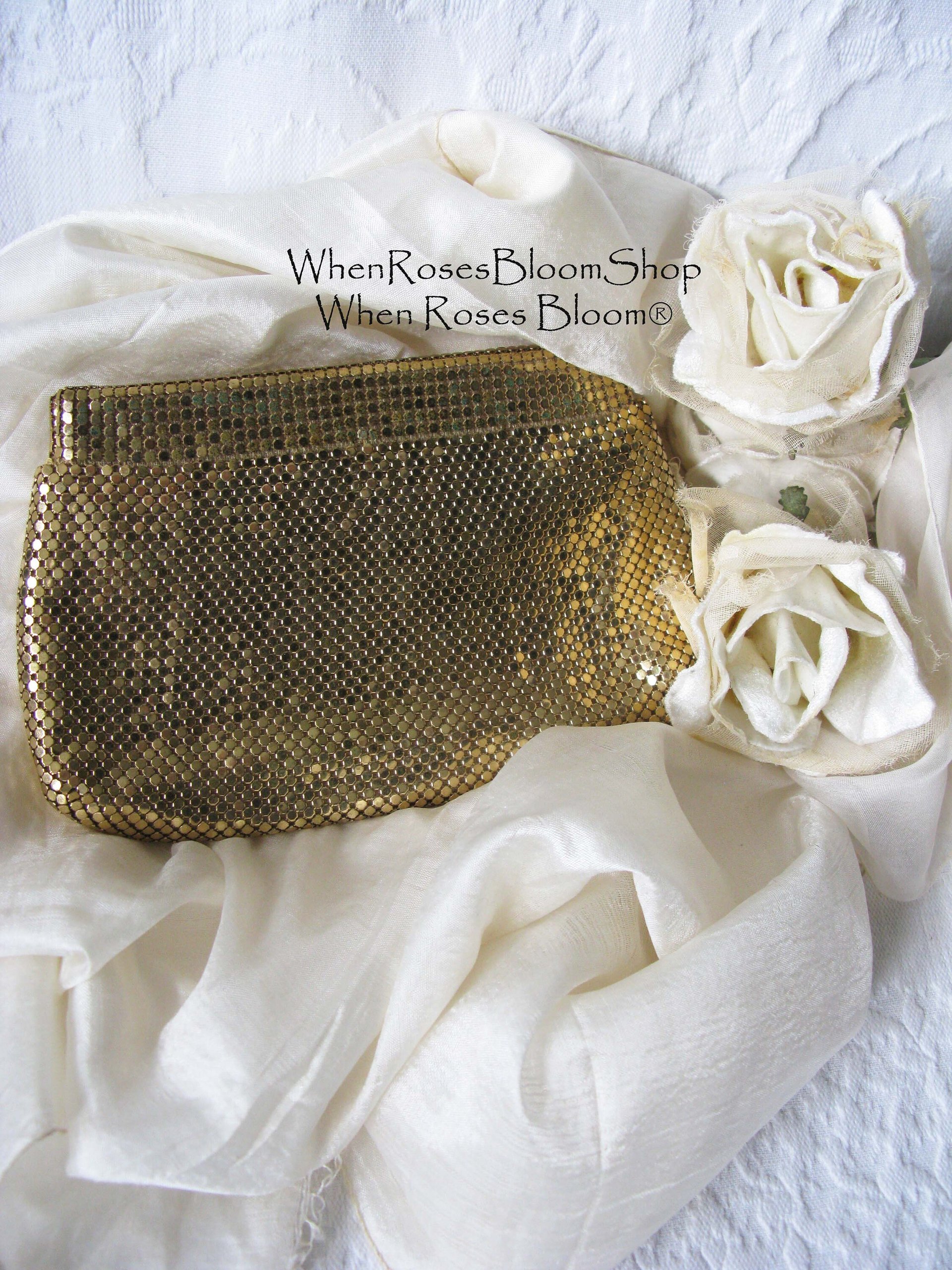 Vintage Whiting Davis Clutch Bag Purse 1940s-1960s Retro Wedding Evening Cocktail Party Purse Gold Mesh Bag WhenRosesBloom