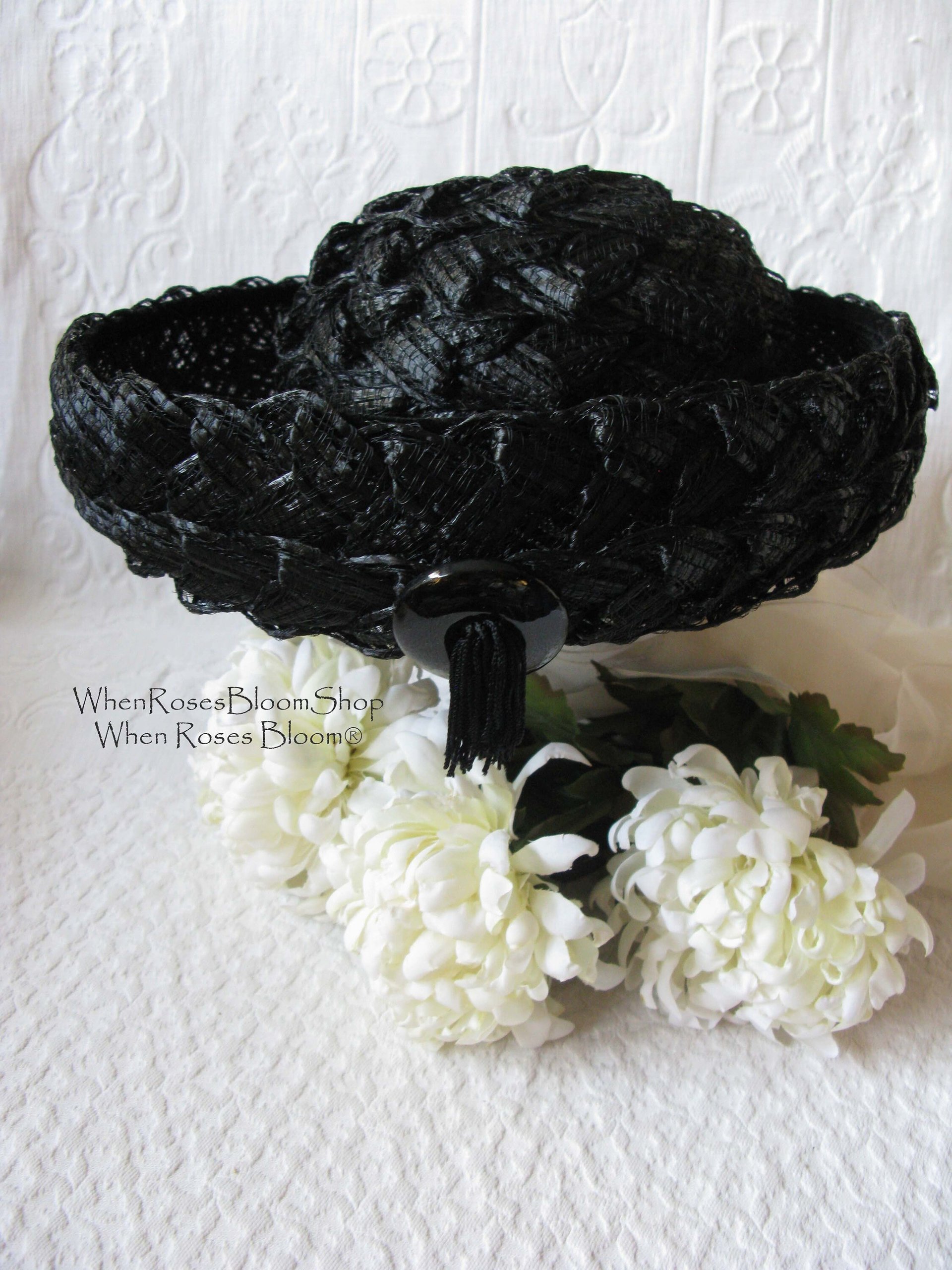 Black Hat 60s Summer Straw English Breton Vintage Mid Century Retro Party Tea Party Garden Party That Girl  60s Style Retro  WhenRosesBloom