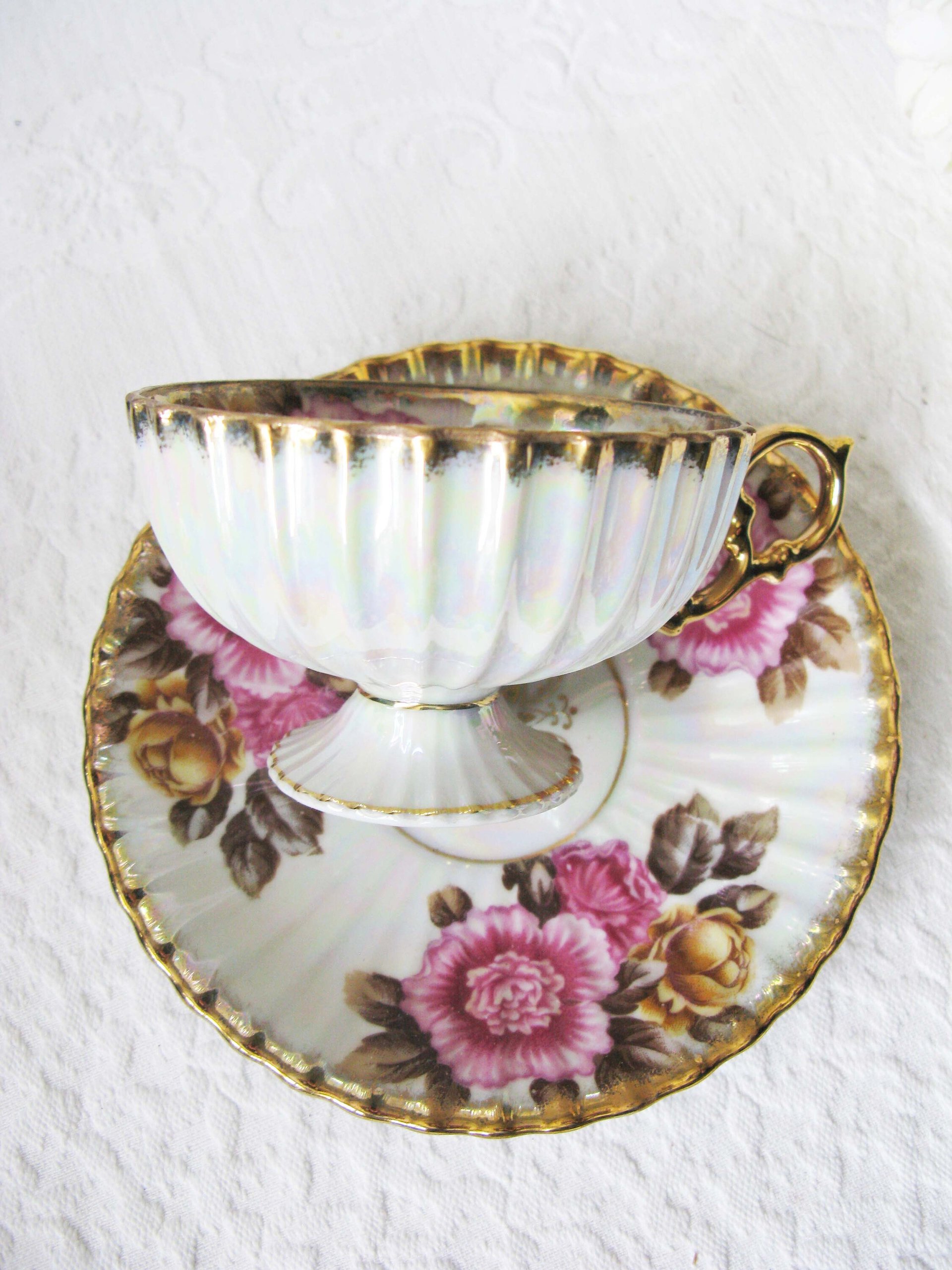Vintage Teacup Pink Floral Footed Gold Japan Fancrest Elegant Mid Century Tea Gift Victoria Downton Tea Cottage Shabby Chic WhenRosesBloom