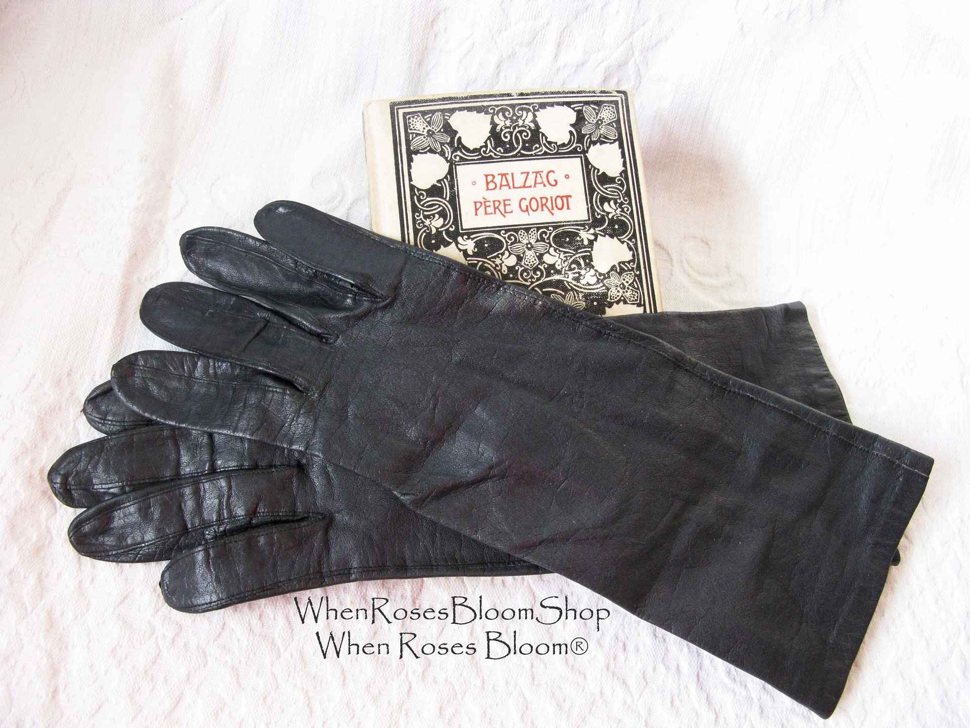 Black Leather Gloves Sz 7.5 Vintage Van Raalte Downton Steampunk Victorian Austen Miss Fisher Cosplay Style Free Ship in USA WhenRosesBloom