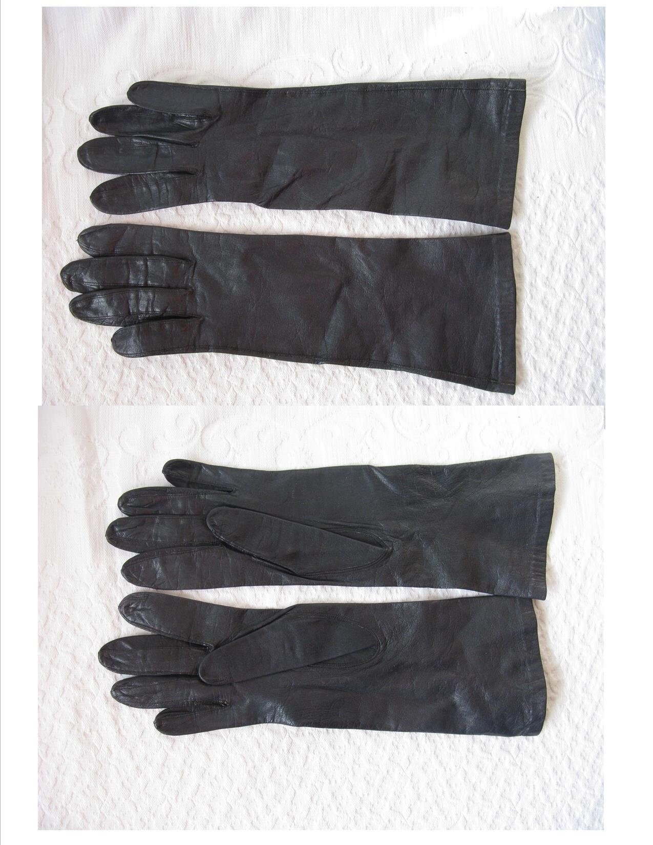 Black Leather Gloves Sz 7.5 Vintage Van Raalte Downton Steampunk Victorian Austen Miss Fisher Cosplay Style Free Ship in USA WhenRosesBloom
