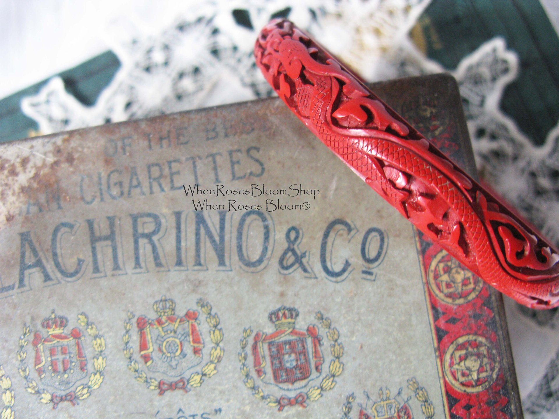 Cinnabar Bangle Bracelet Carved Classic Victorian Romantic Flapper Gatsby Boho Gypsy Hipster Retro Vintage Jewelry  WhenRosesBloom