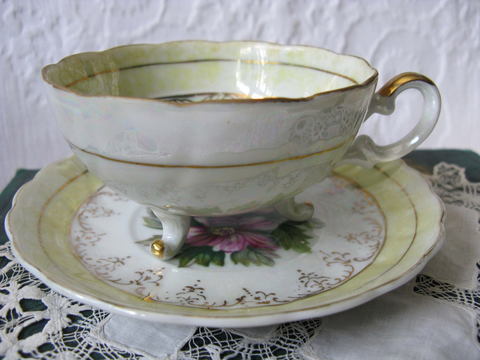 Tea Cup Footed Yellow Pink Floral Japan lusterware Retro Vintage Tea Party Mid Century Cottage Shabby Chic Farmhouse   WhenRosesBloom