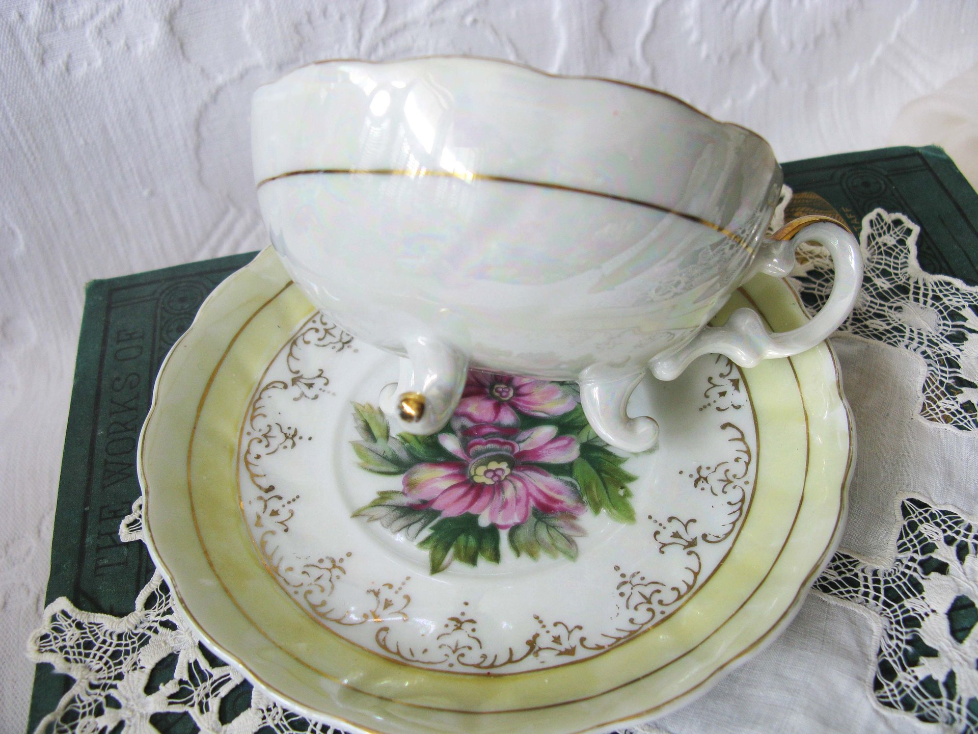 Tea Cup Footed Yellow Pink Floral Japan lusterware Retro Vintage Tea Party Mid Century Cottage Shabby Chic Farmhouse   WhenRosesBloom