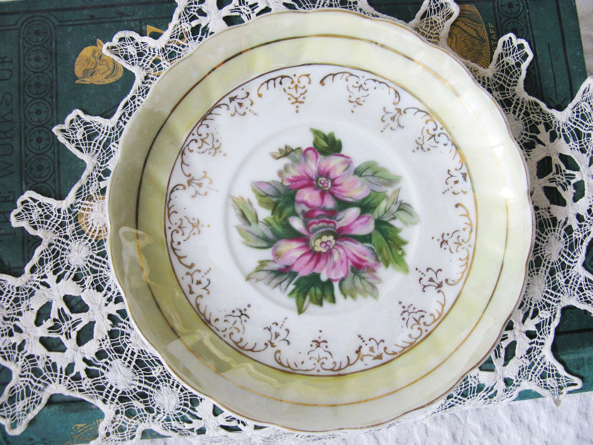 Tea Cup Footed Yellow Pink Floral Japan lusterware Retro Vintage Tea Party Mid Century Cottage Shabby Chic Farmhouse   WhenRosesBloom