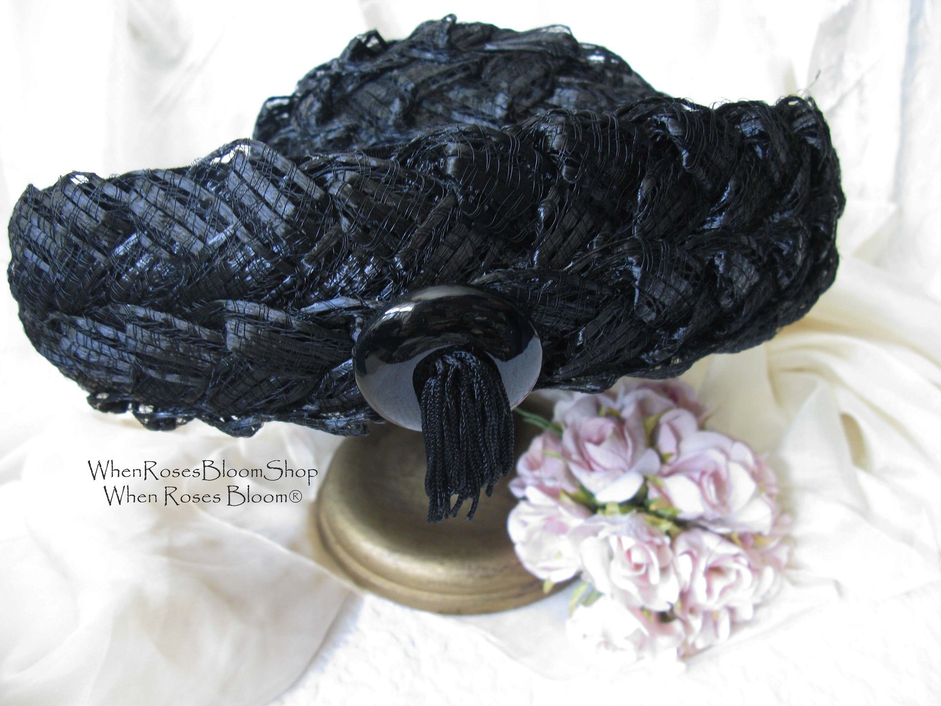 Black Hat 60s Summer Straw English Breton Vintage Mid Century Retro Party Tea Party Garden Party That Girl  60s Style Retro  WhenRosesBloom