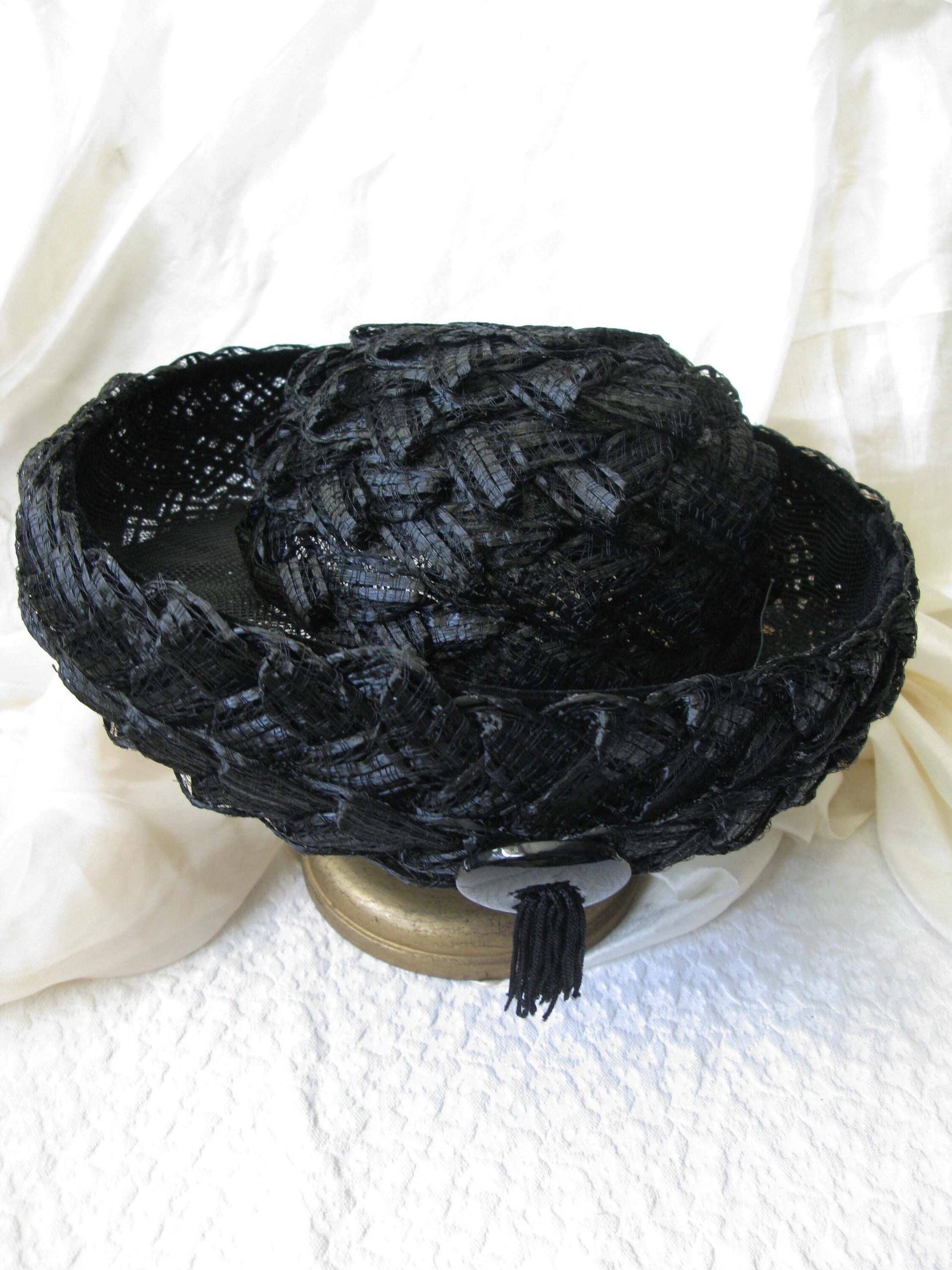 Black Hat 60s Summer Straw English Breton Vintage Mid Century Retro Party Tea Party Garden Party That Girl  60s Style Retro  WhenRosesBloom