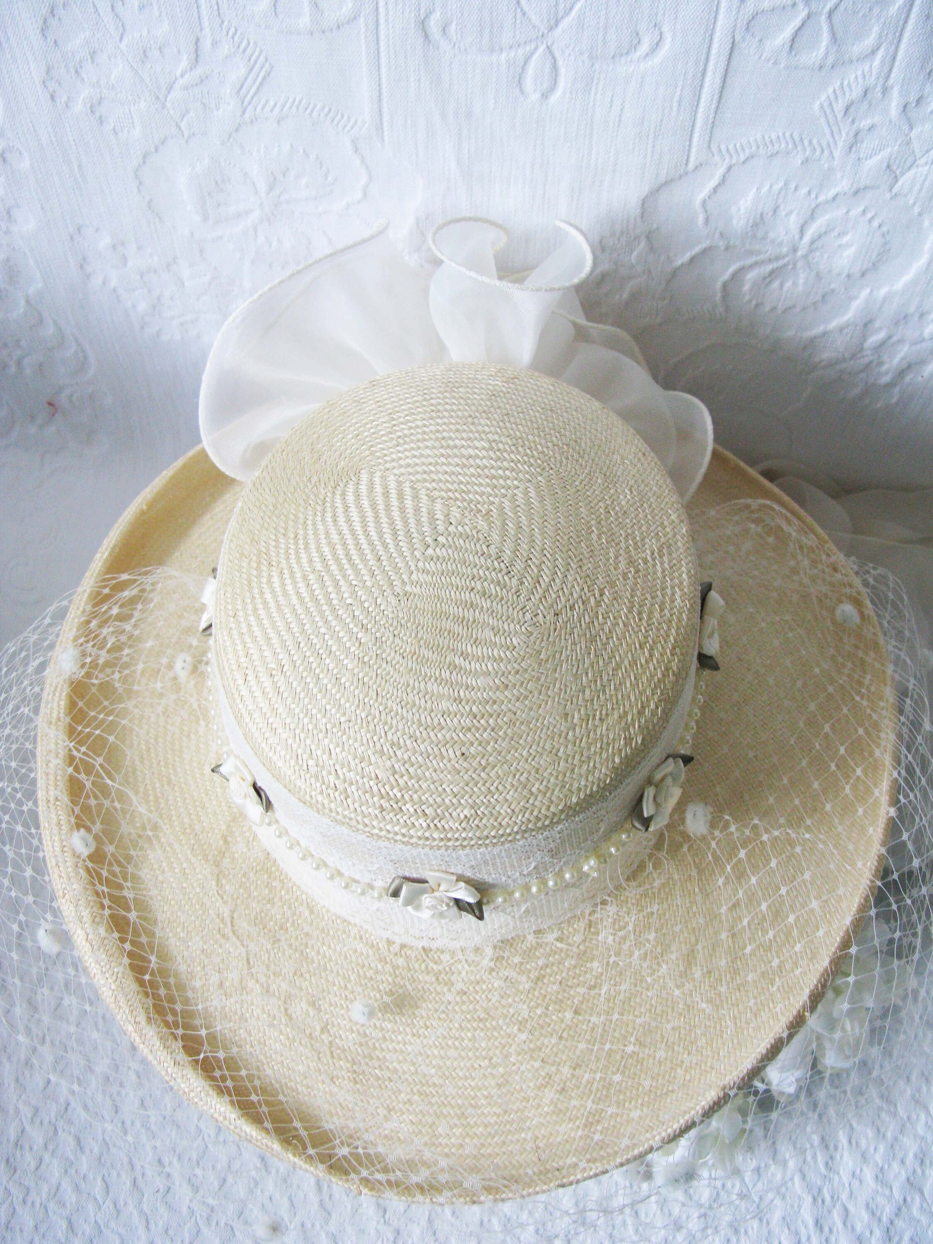 Natural Straw Hat Classic Panama Tailored Elegance Retro 80s Wedding Tea Cosplay Artsy Style for Garden Wedding Tea Party WhenRosesBloom