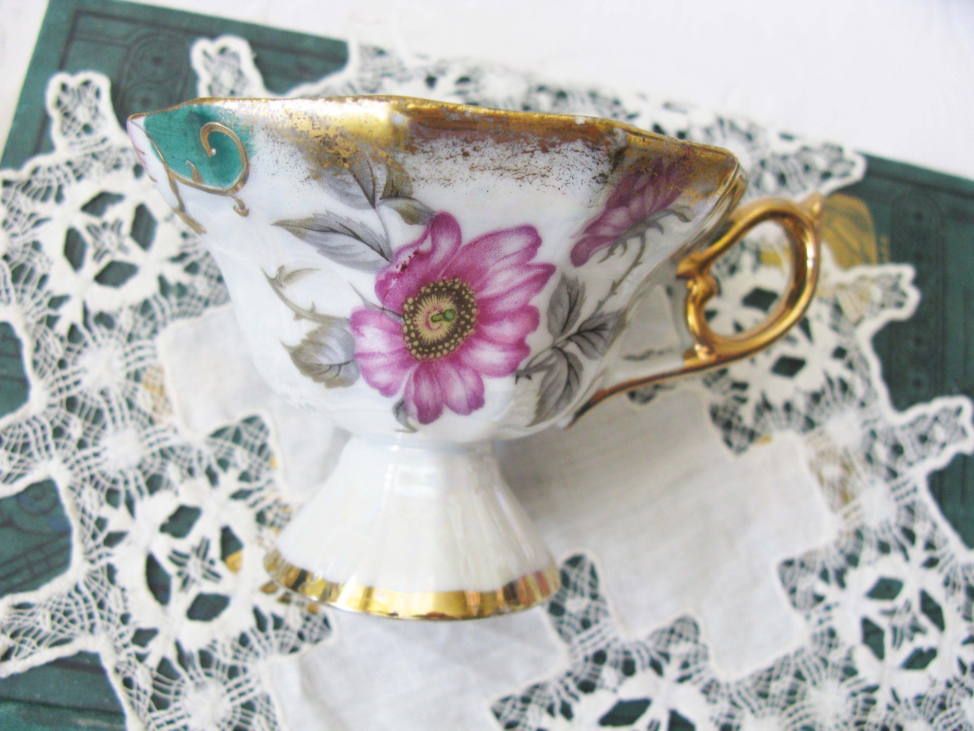 Tea Cup Pink Green Floral Roses Footed Japan Vintage Retro Tea Time Gift Mid Century Shabby Chic Afternoon Tea Party  WhenRosesBloom