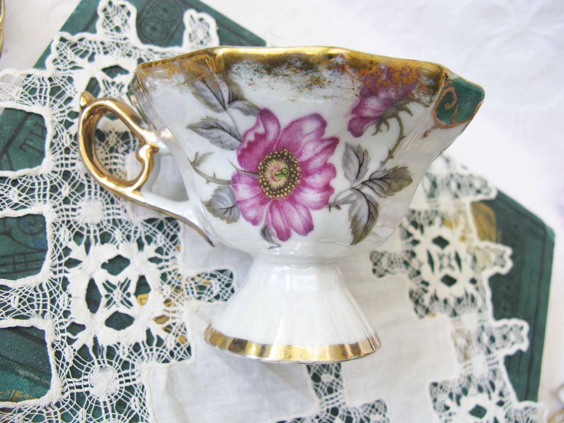 Tea Cup Pink Green Floral Roses Footed Japan Vintage Retro Tea Time Gift Mid Century Shabby Chic Afternoon Tea Party  WhenRosesBloom