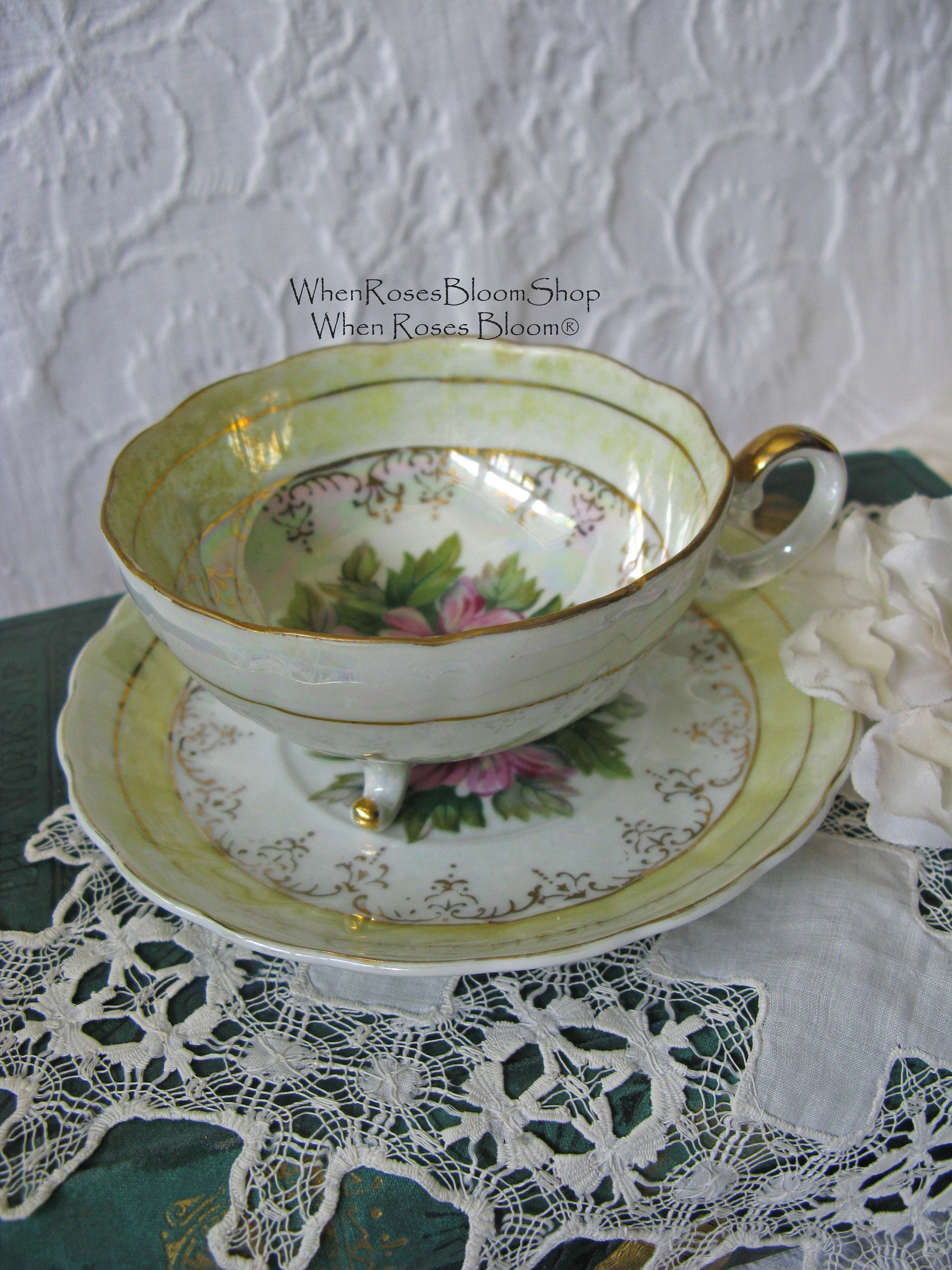 Tea Cup Footed Yellow Pink Floral Japan lusterware Retro Vintage Tea Party Mid Century Cottage Shabby Chic Farmhouse   WhenRosesBloom