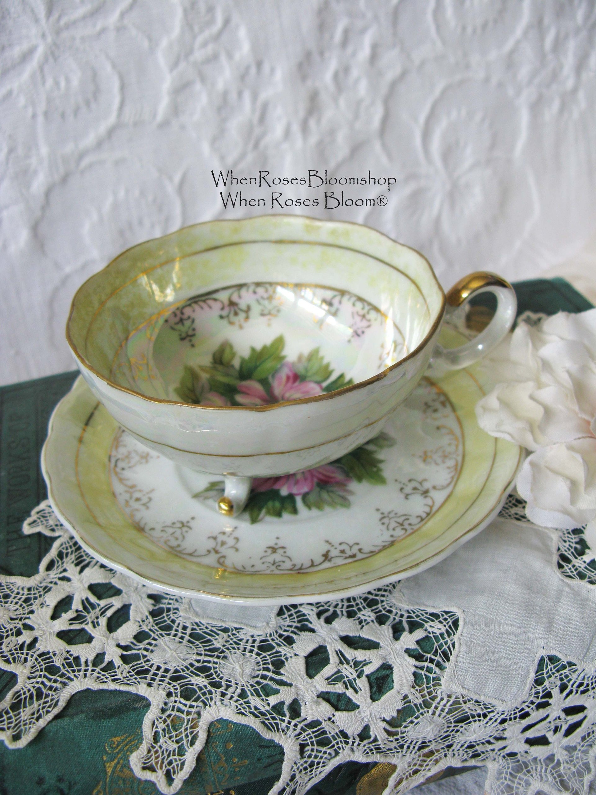Tea Cup Footed Yellow Pink Floral Japan lusterware Retro Vintage Tea Party Mid Century Cottage Shabby Chic Farmhouse   WhenRosesBloom