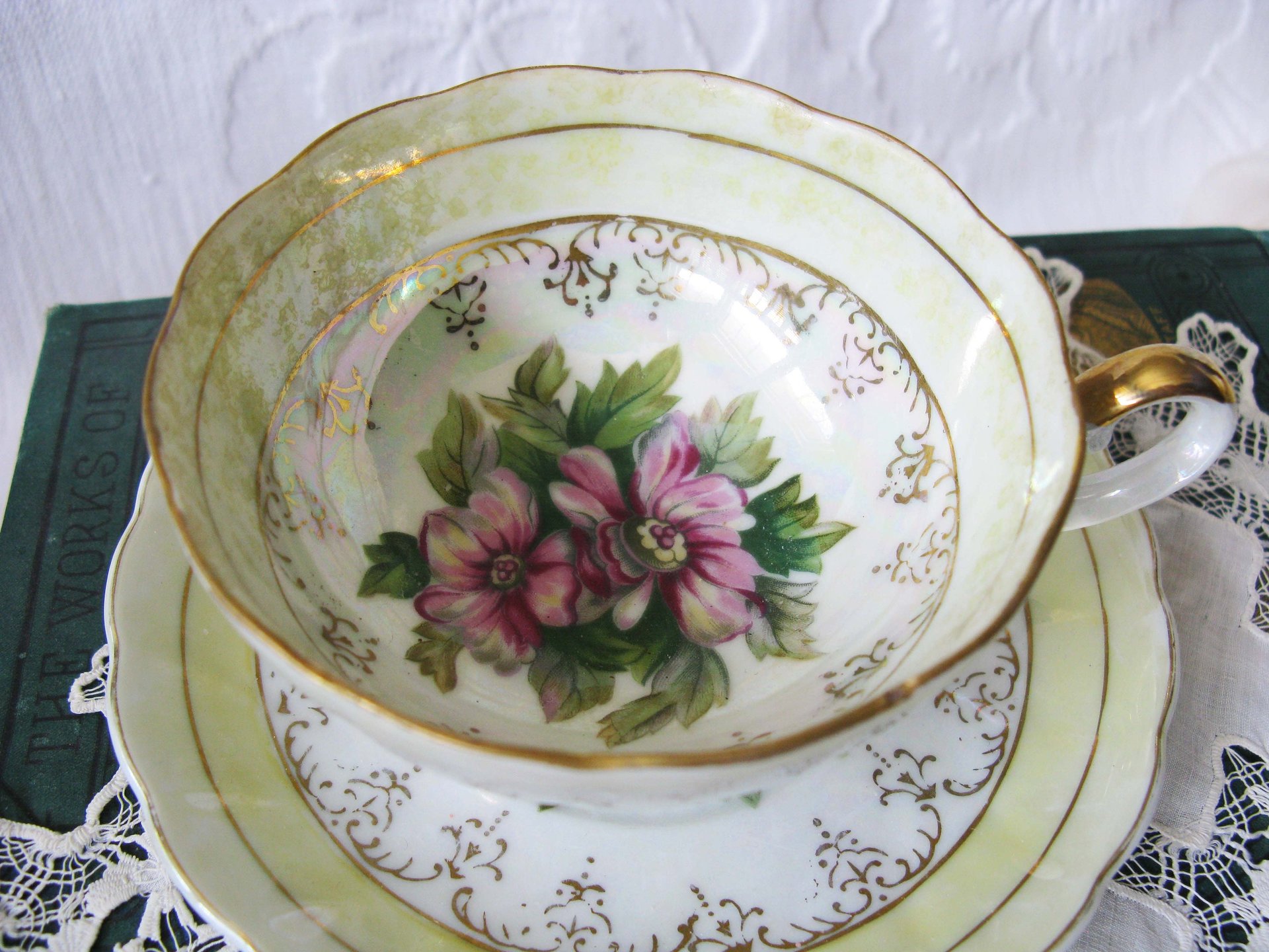 Tea Cup Footed Yellow Pink Floral Japan lusterware Retro Vintage Tea Party Mid Century Cottage Shabby Chic Farmhouse   WhenRosesBloom