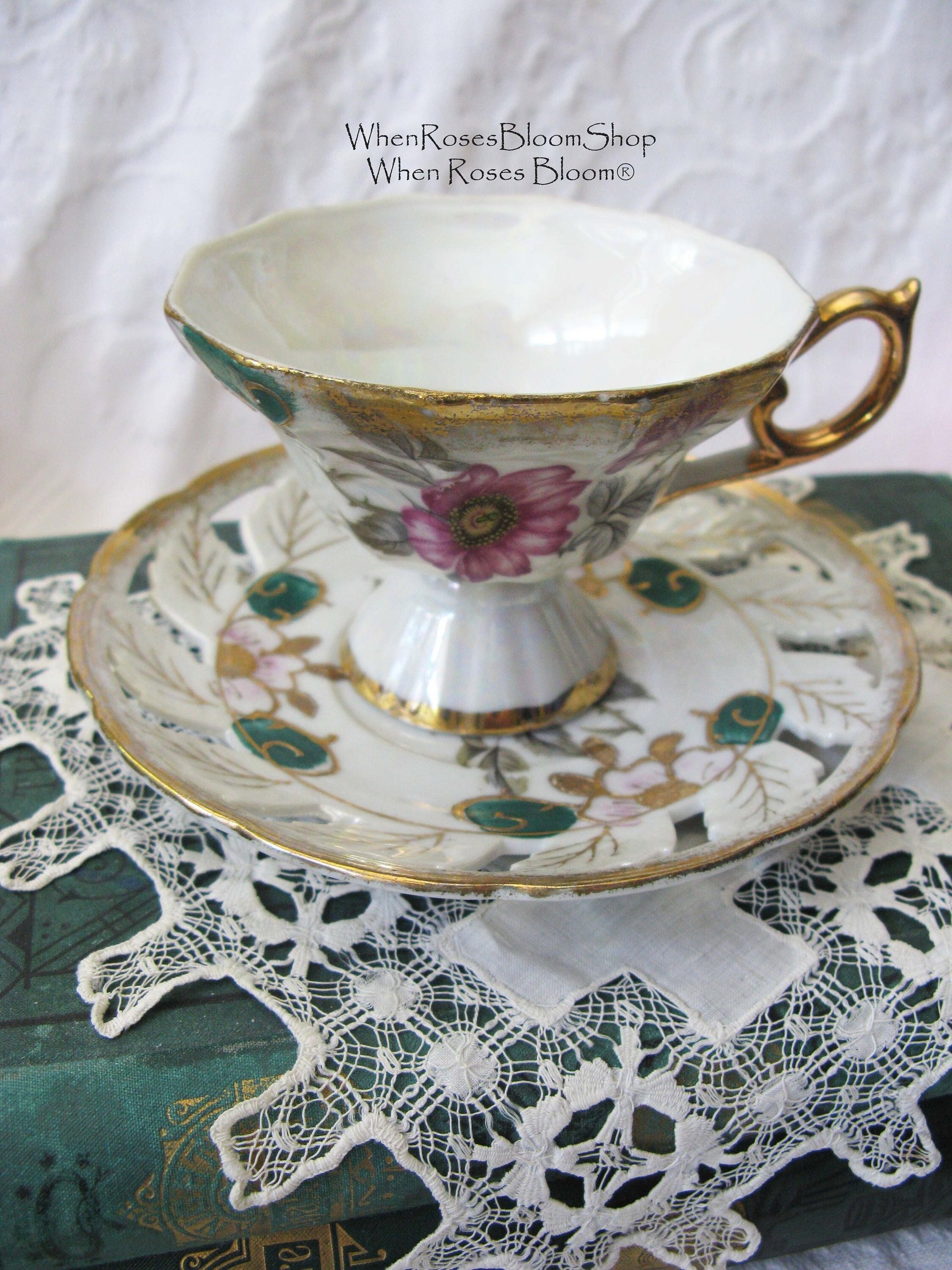 Tea Cup Pink Green Floral Roses Footed Japan Vintage Retro Tea Time Gift Mid Century Shabby Chic Afternoon Tea Party  WhenRosesBloom