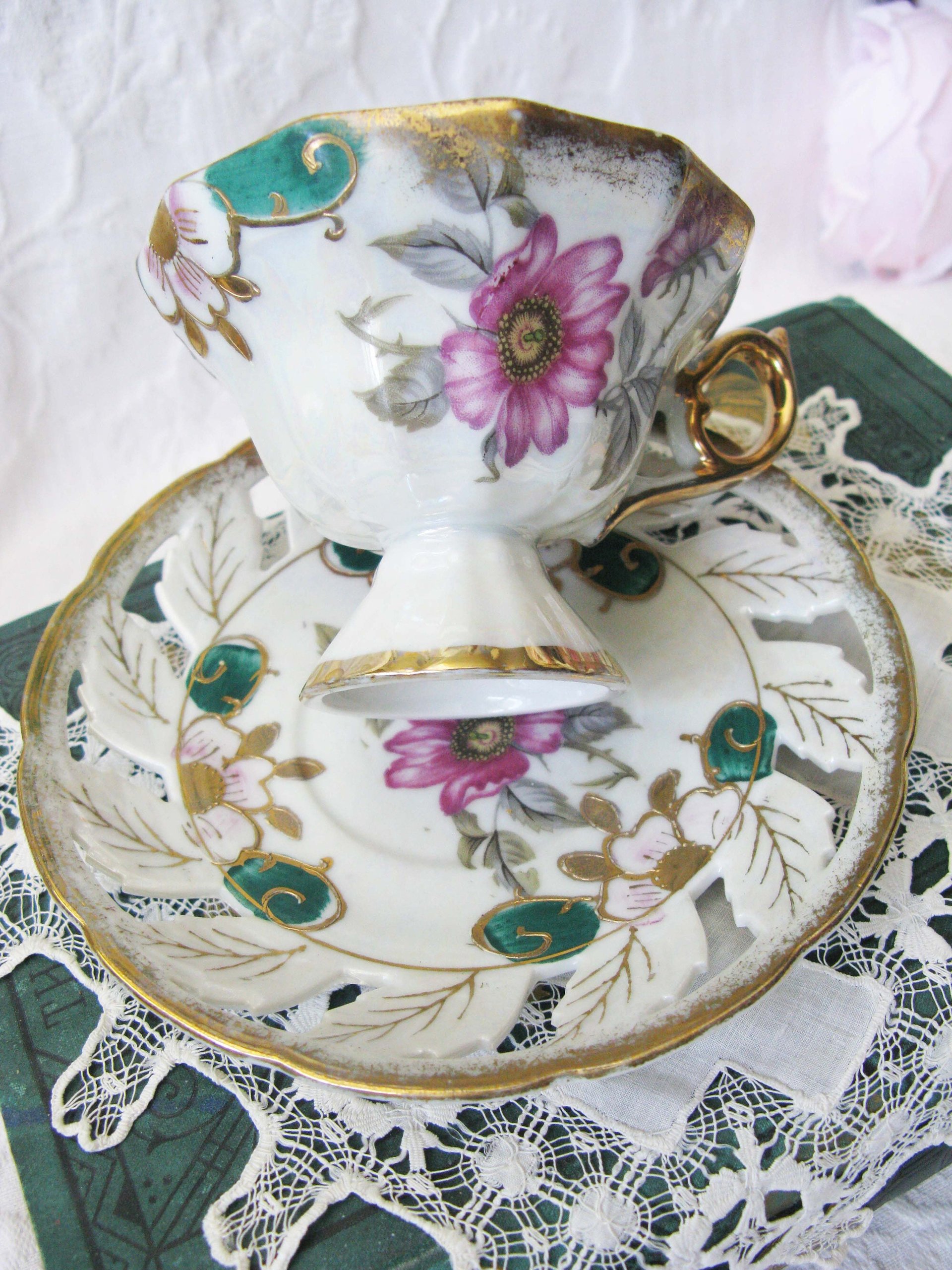 Tea Cup Pink Green Floral Roses Footed Japan Vintage Retro Tea Time Gift Mid Century Shabby Chic Afternoon Tea Party  WhenRosesBloom