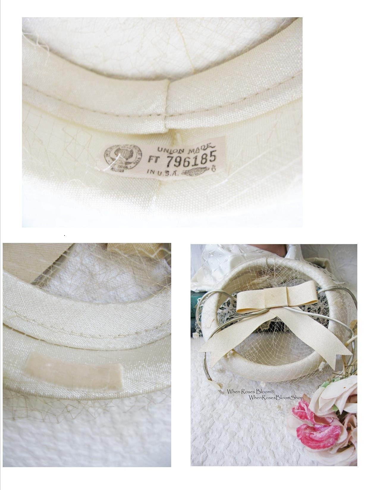 White Hat Vintage Fascinator Cocktail Tea Party Wedding Bridal Ring Circle Hat Net Birdcage Veil Mid Century WhenRosesBloom