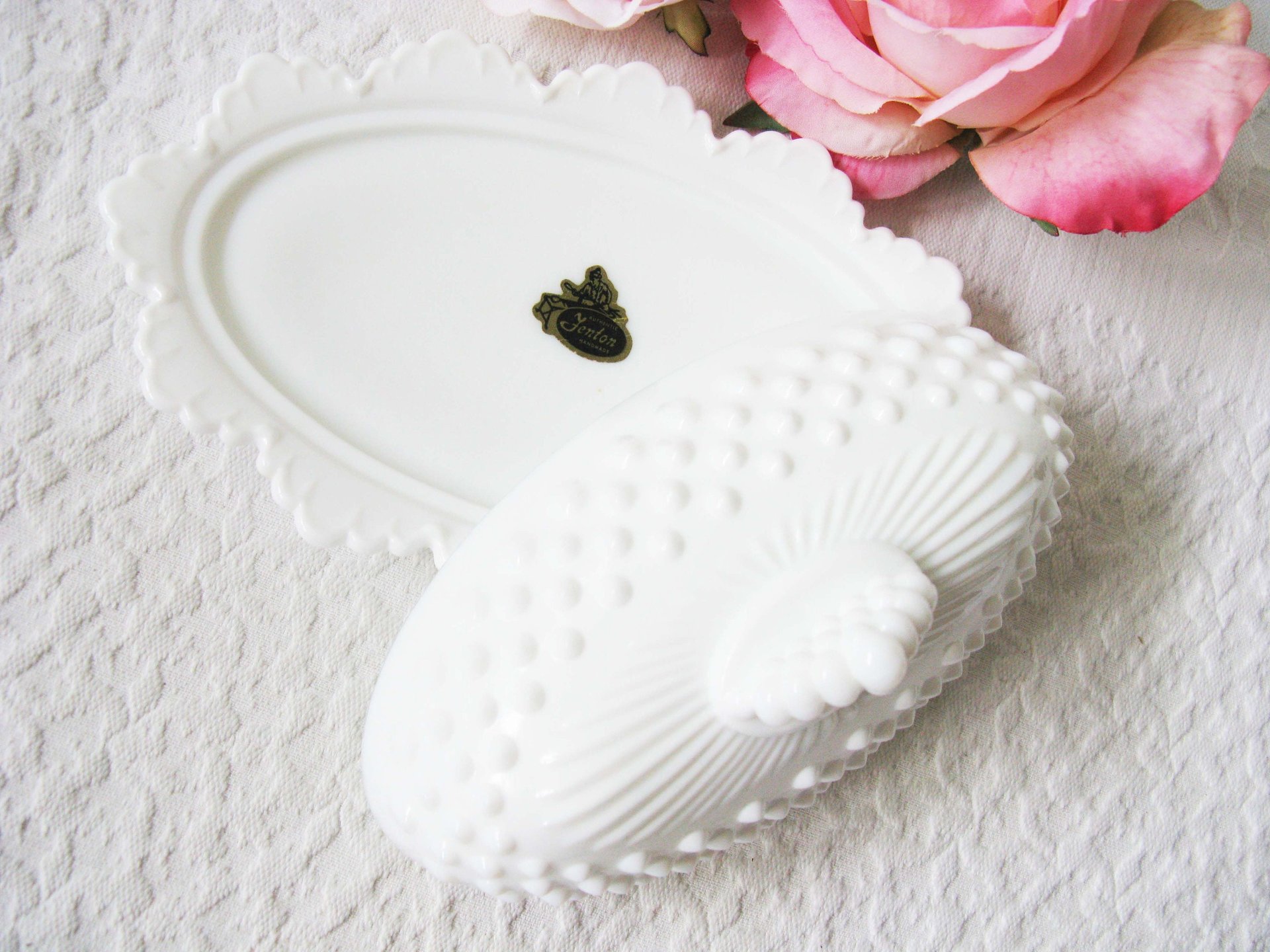 Fenton Butter Dish Milk Glass White Hobnail with label Mid Century Shabby Romantic Farmhouse WhenRosesBloom